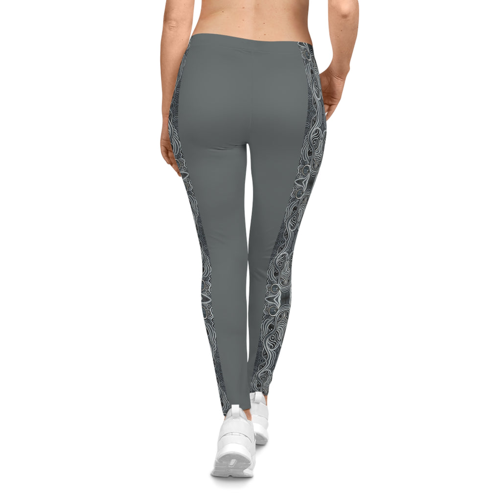 Grey Leggings with Ornate Side Panel — Women's Casual AOP Leggings