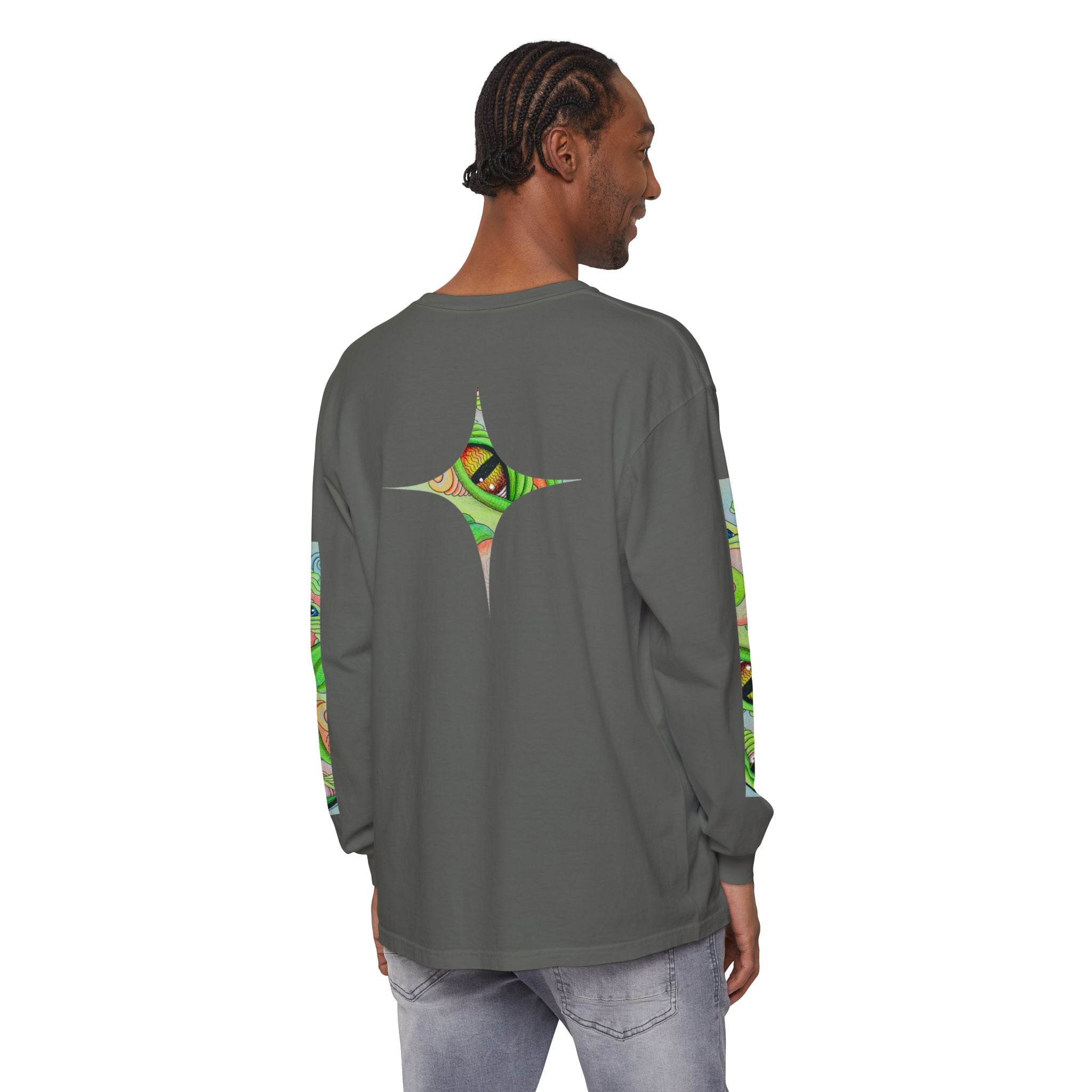 Psychedelic Green Triangle Long Sleeve Tee — Tribal Star Sleeve Artwork #gf086357