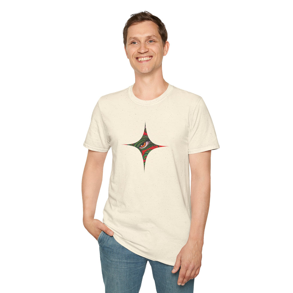 Geometric Tribal Eye Tee — Abstract Red & Green Triangle Graphic T-Shirt #sx432177