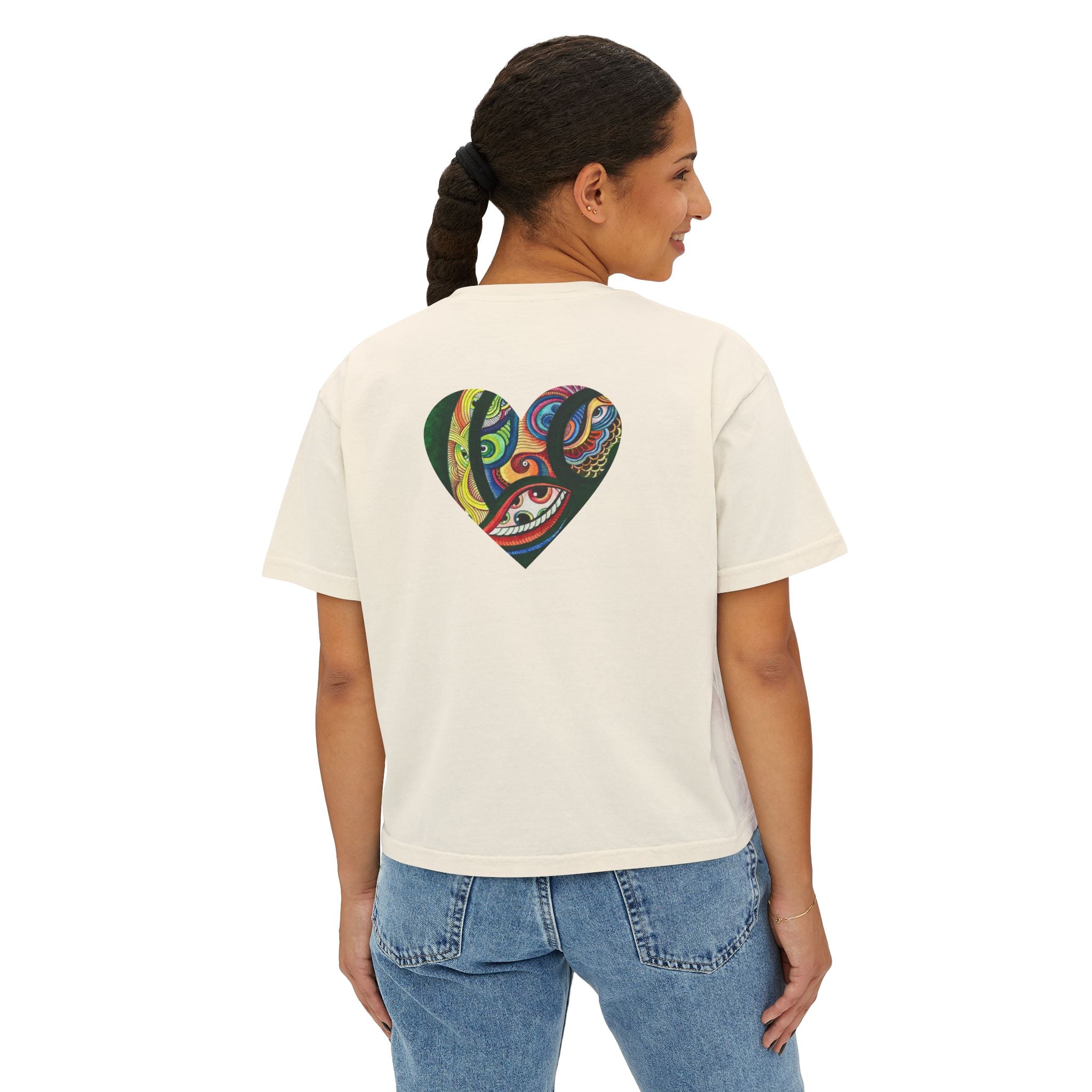 Women's Boxy Tee with Abstract Colorful Triangle (Front) & Heart (Back) Art — Casual Graphic Crop Top #hd9859