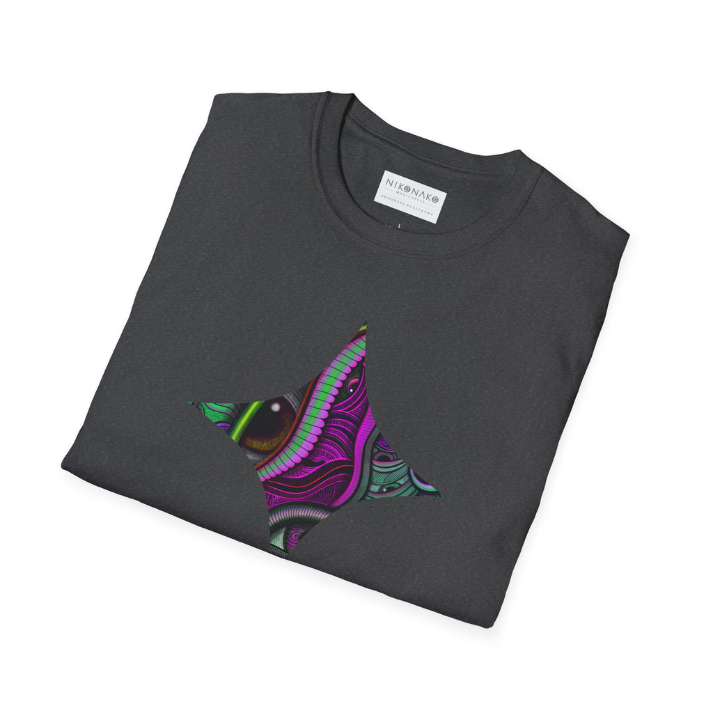 Psychedelic Eye Graphic T-Shirt — Abstract Purple & Green Starburst Circle Design. #ts6
