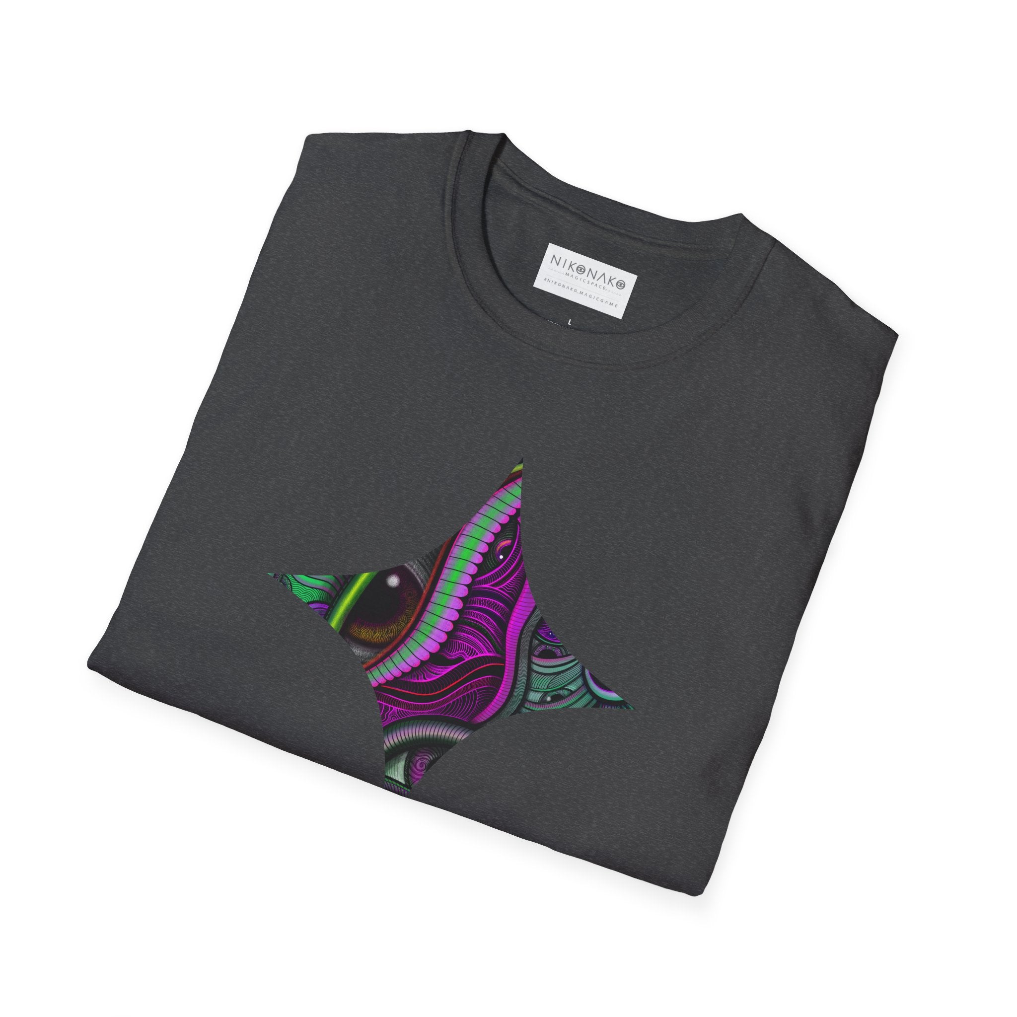 Psychedelic Eye Graphic T-Shirt — Abstract Purple & Green Starburst Circle Design. #ts6