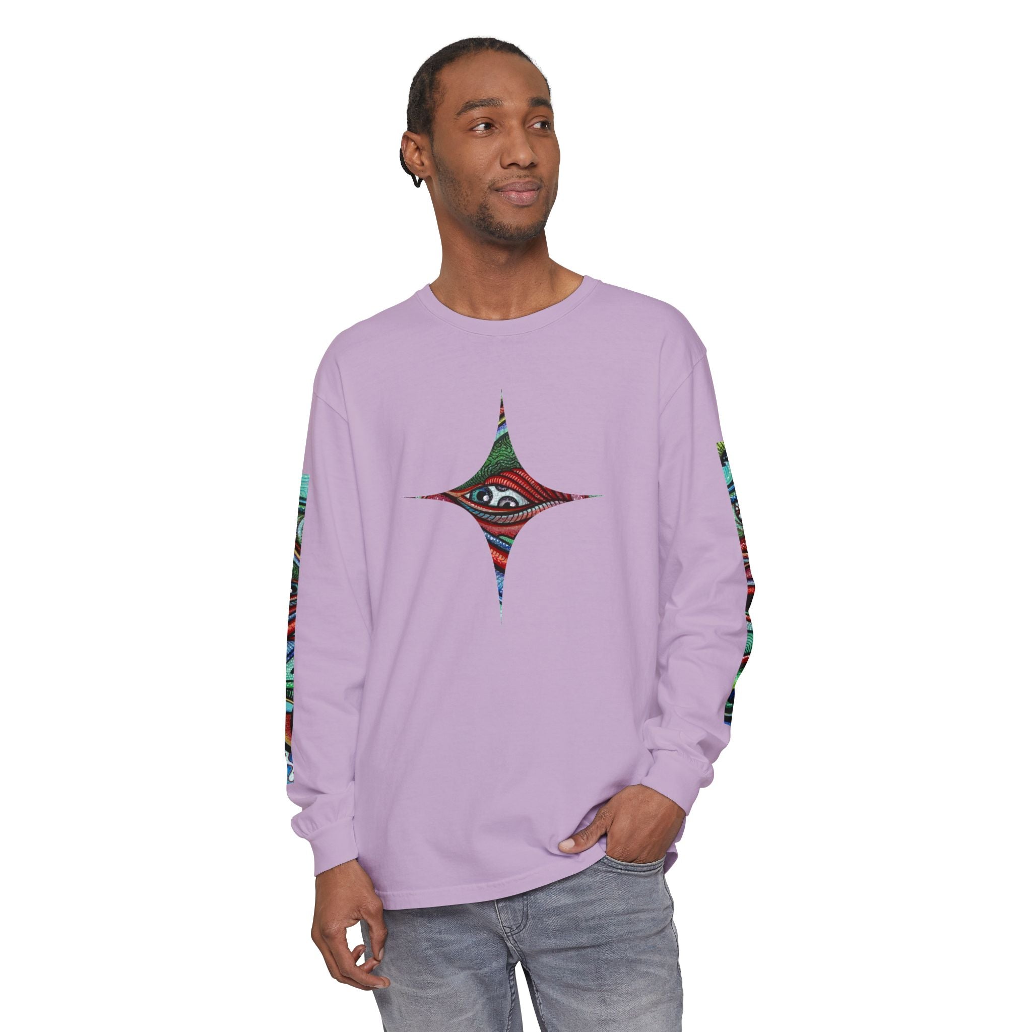 Psychedelic Starburst Long Sleeve Tee — Colorful Eye & Sleeve Stripe Design #k976344