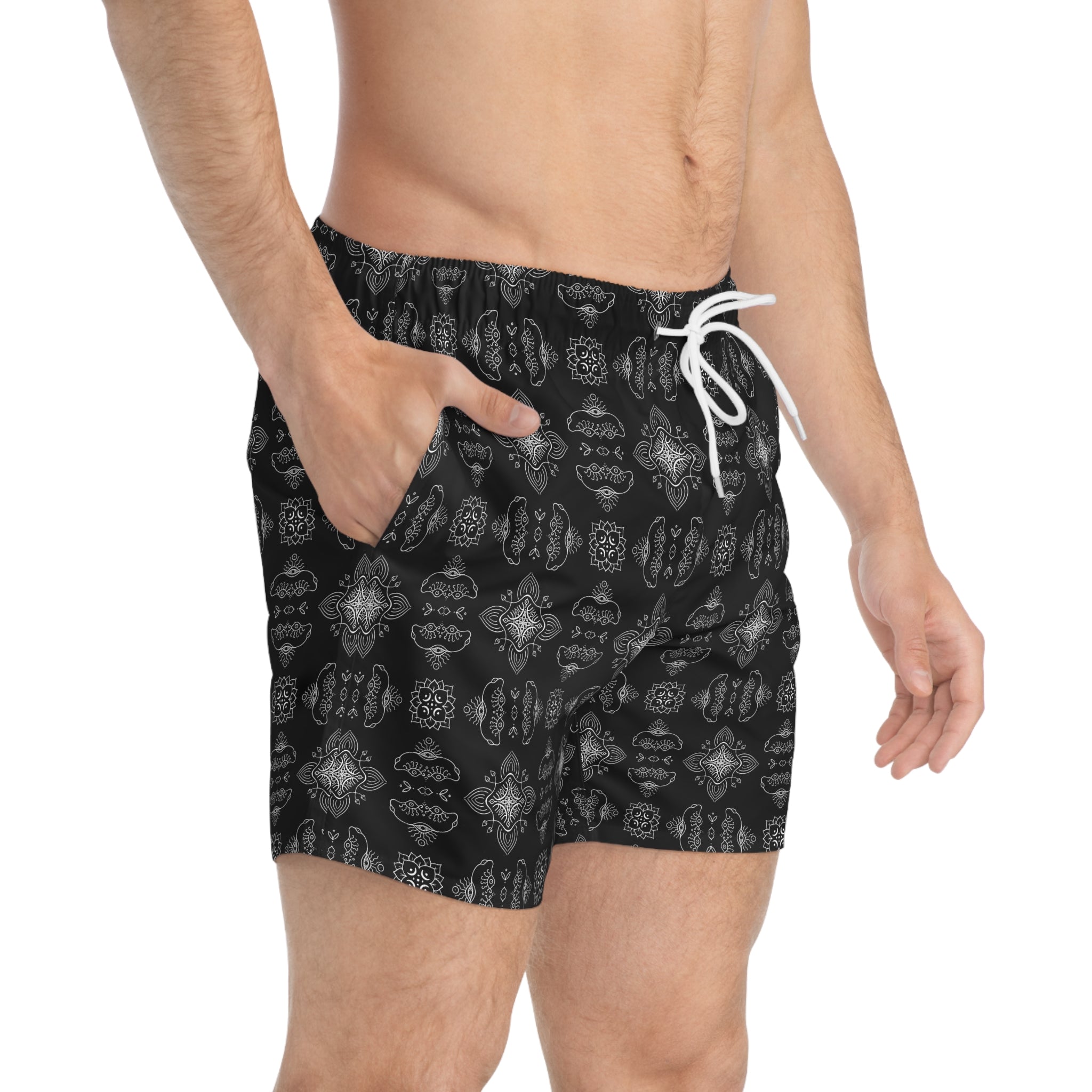 Men's Black Kaleidoscope Swim Trunks — All-Over Pattern #f754799