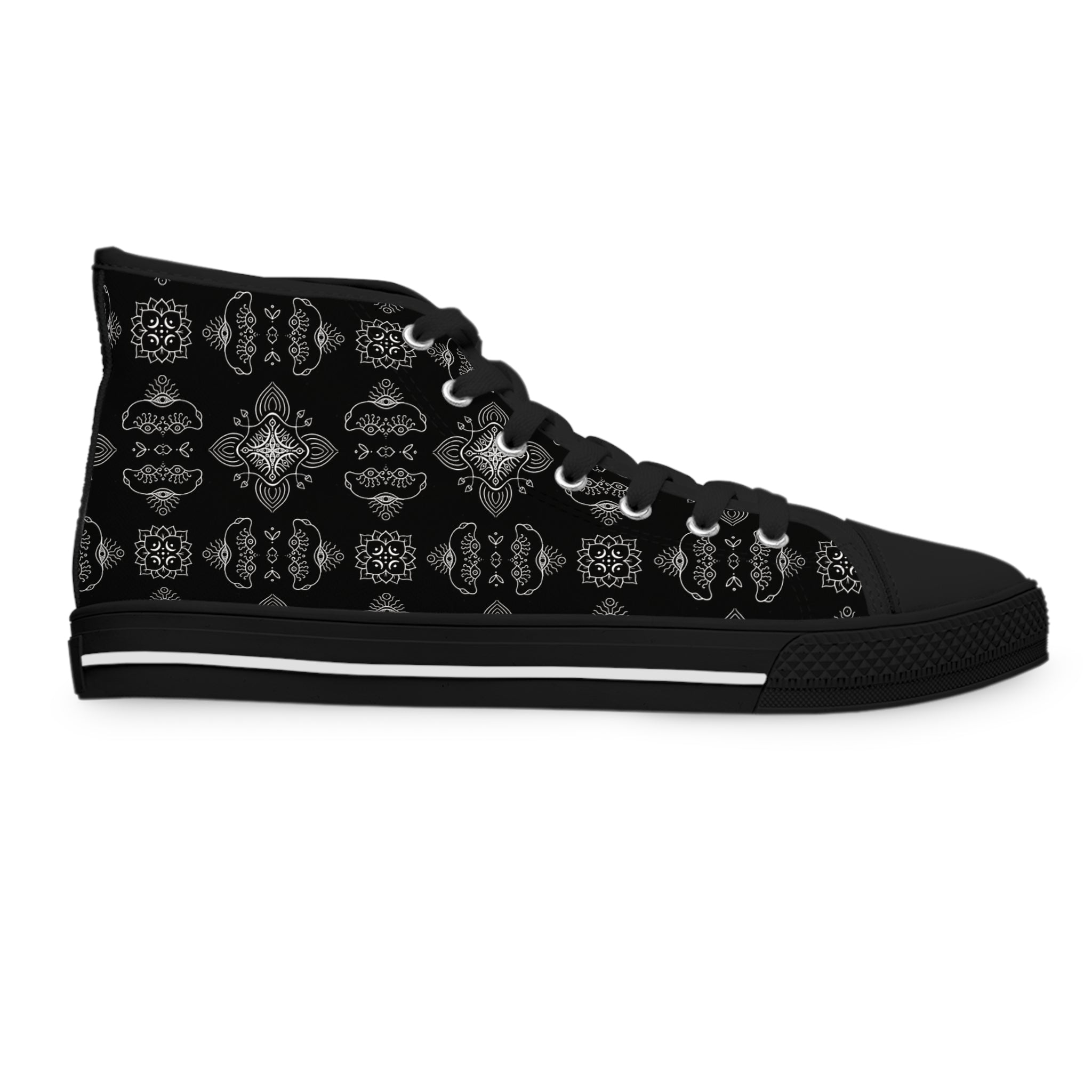High Top Sneakers - Black Paisley Pattern Women's Canvas Shoes #d3566