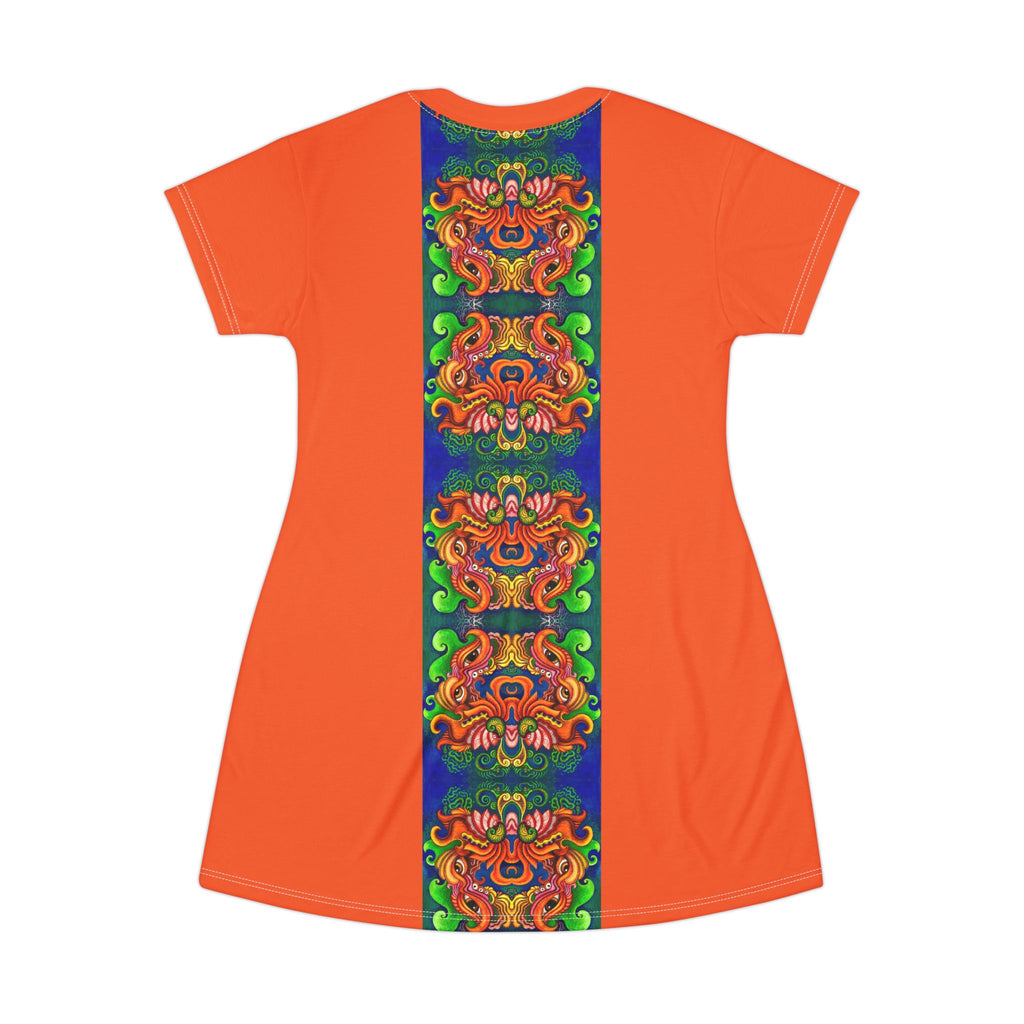 Boho Floral Face Motif T-Shirt Dress — Vertical Tribal-Inspired Print #d2