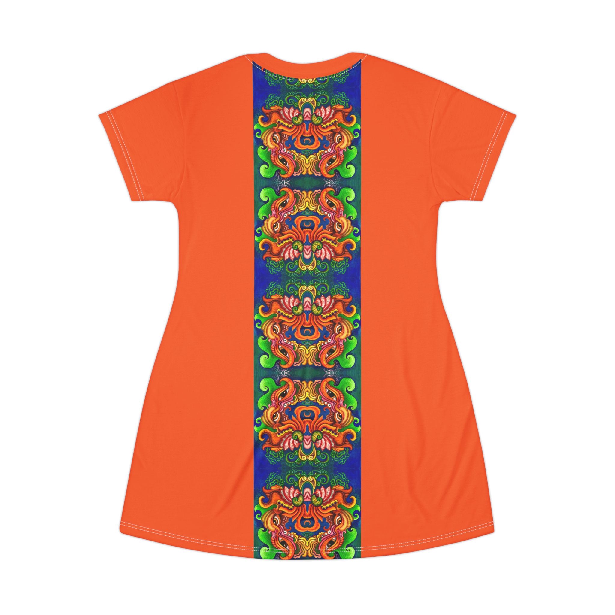 Boho Floral Face Motif T-Shirt Dress — Vertical Tribal-Inspired Print #d2