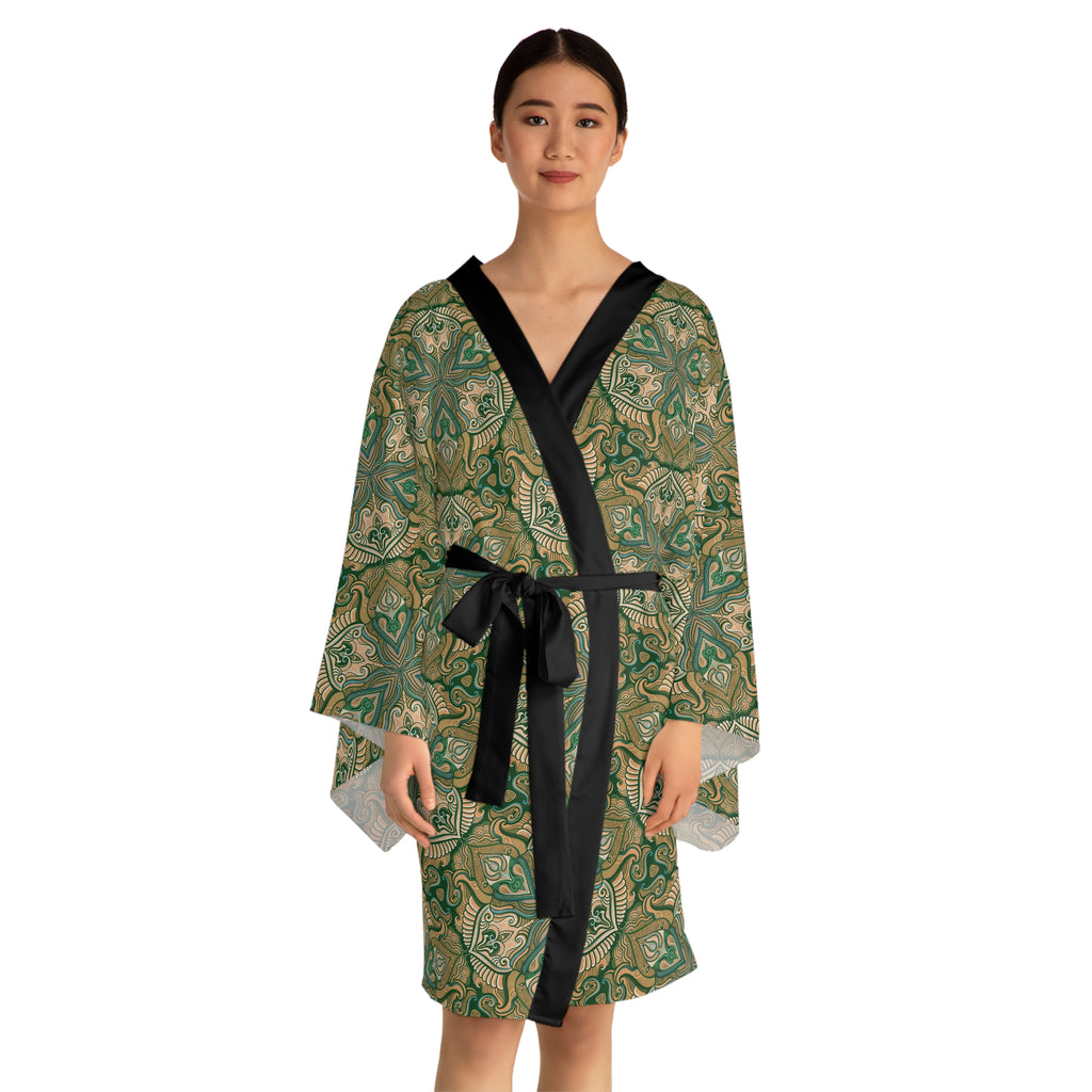 Green Floral Mandala Pattern Kimono Robe | Long Sleeve # kfm1