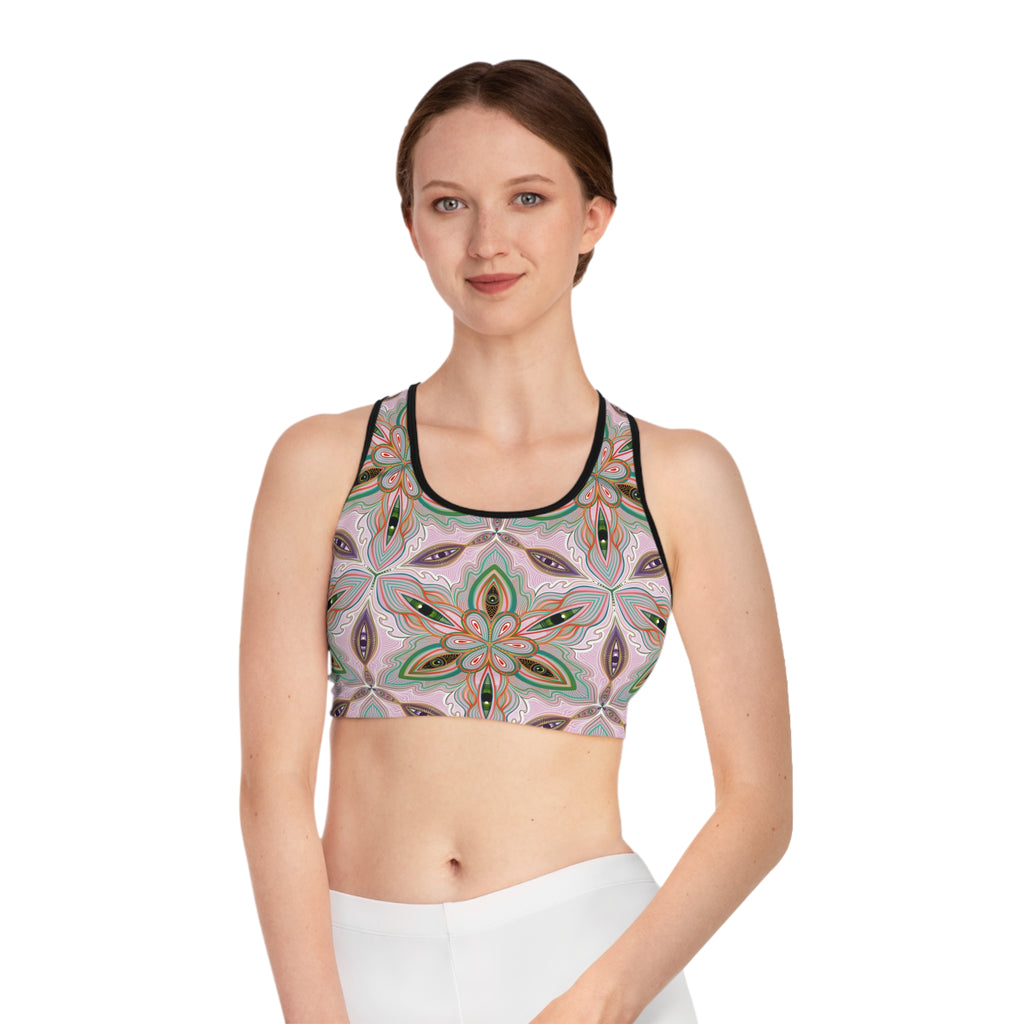 Floral Mandala Sports Bra — Pink Green All-Over Print Activewear #h00532