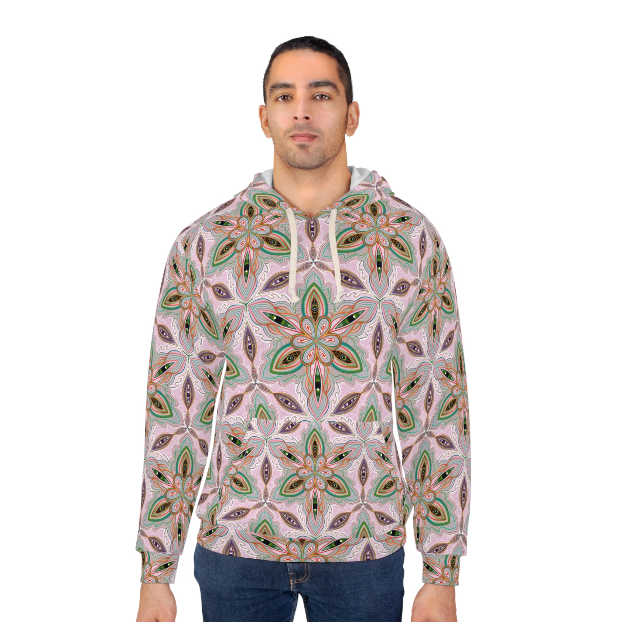 Pink Green Floral Kaleidoscope Hoodie — All-Over-Print Boho Pattern Pullover #as5682