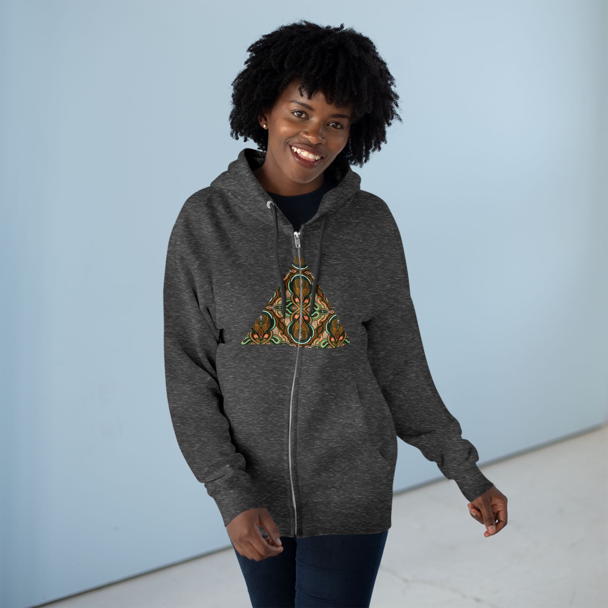 Geometric Tribal Pattern Zip Hoodie — Earthy Mandala Triangle & Circle Design #zh137