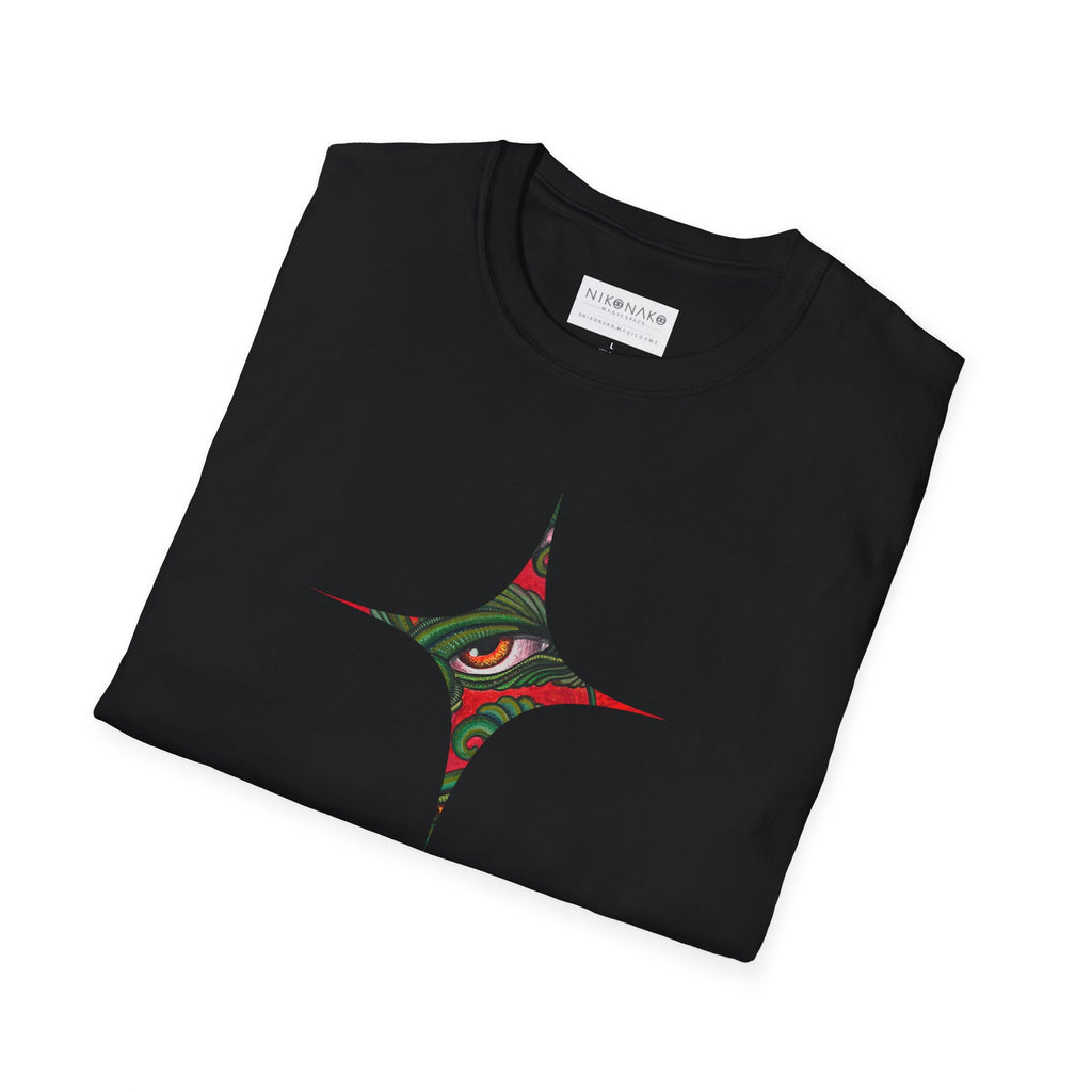 Geometric Tribal Eye Tee — Abstract Red & Green Triangle Graphic T-Shirt #sx432177