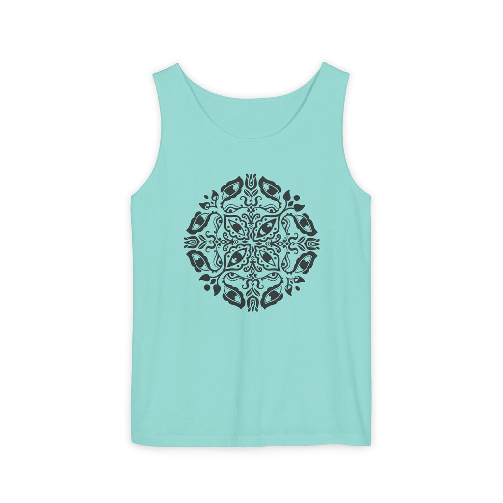 Boho Mandala Tank Top — Black Floral Circular Graphic Tank #fr3