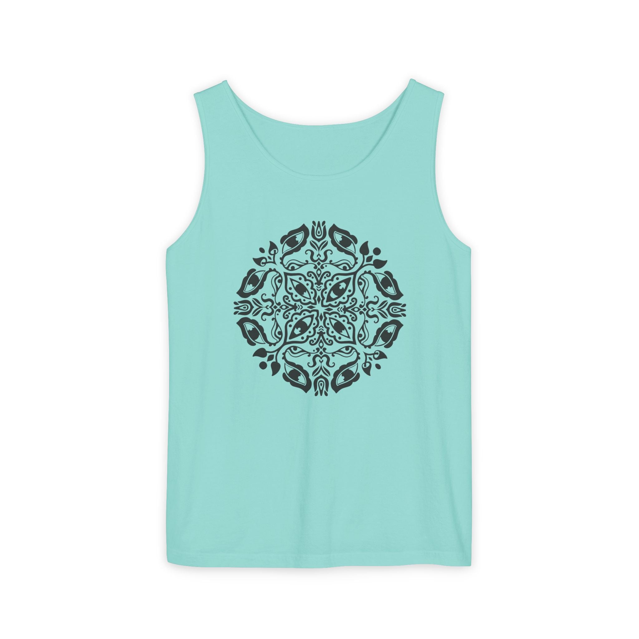 Boho Mandala Tank Top — Black Floral Circular Graphic Tank #fr3