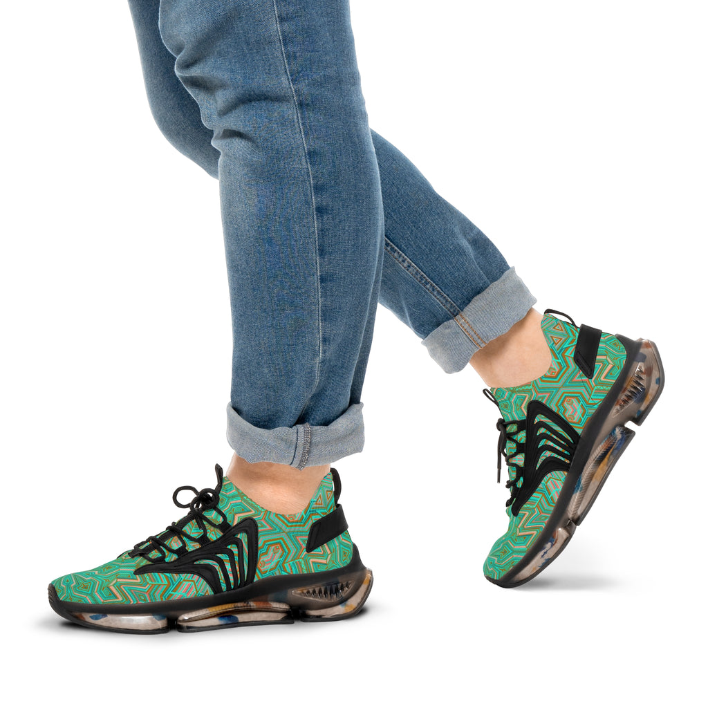 Green Geometric Mesh Sneakers — Men's Athletic Shoes with Kaleidoscope Pattern #khf87656