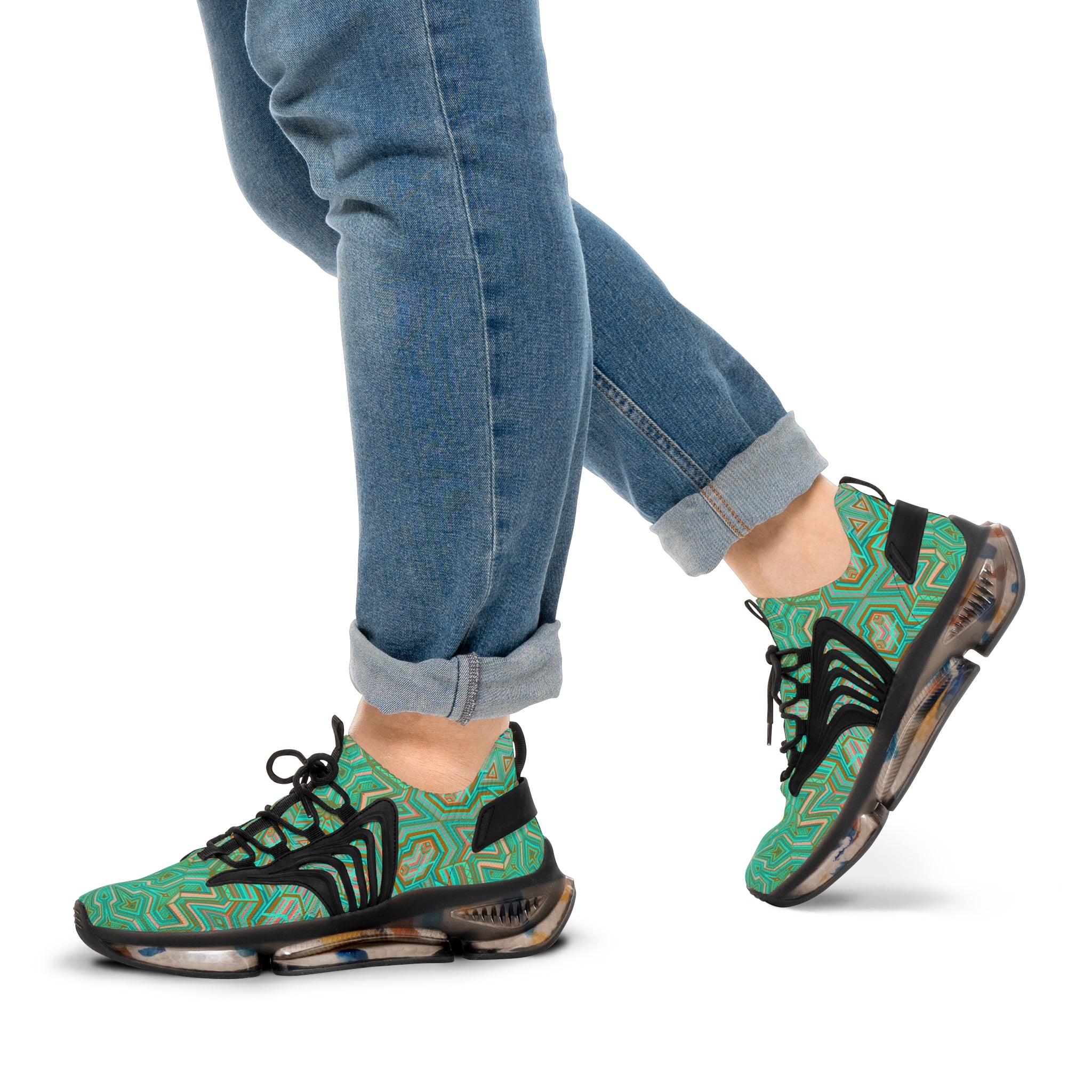 Green Geometric Mesh Sneakers — Men's Athletic Shoes with Kaleidoscope Pattern #khf87656