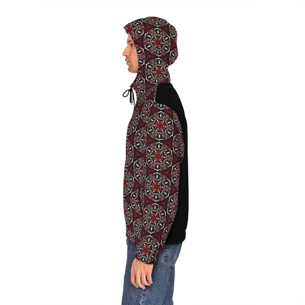 Men's Full-Zip Hoodie — Geometric Red Kaleidoscope Pattern #h764468