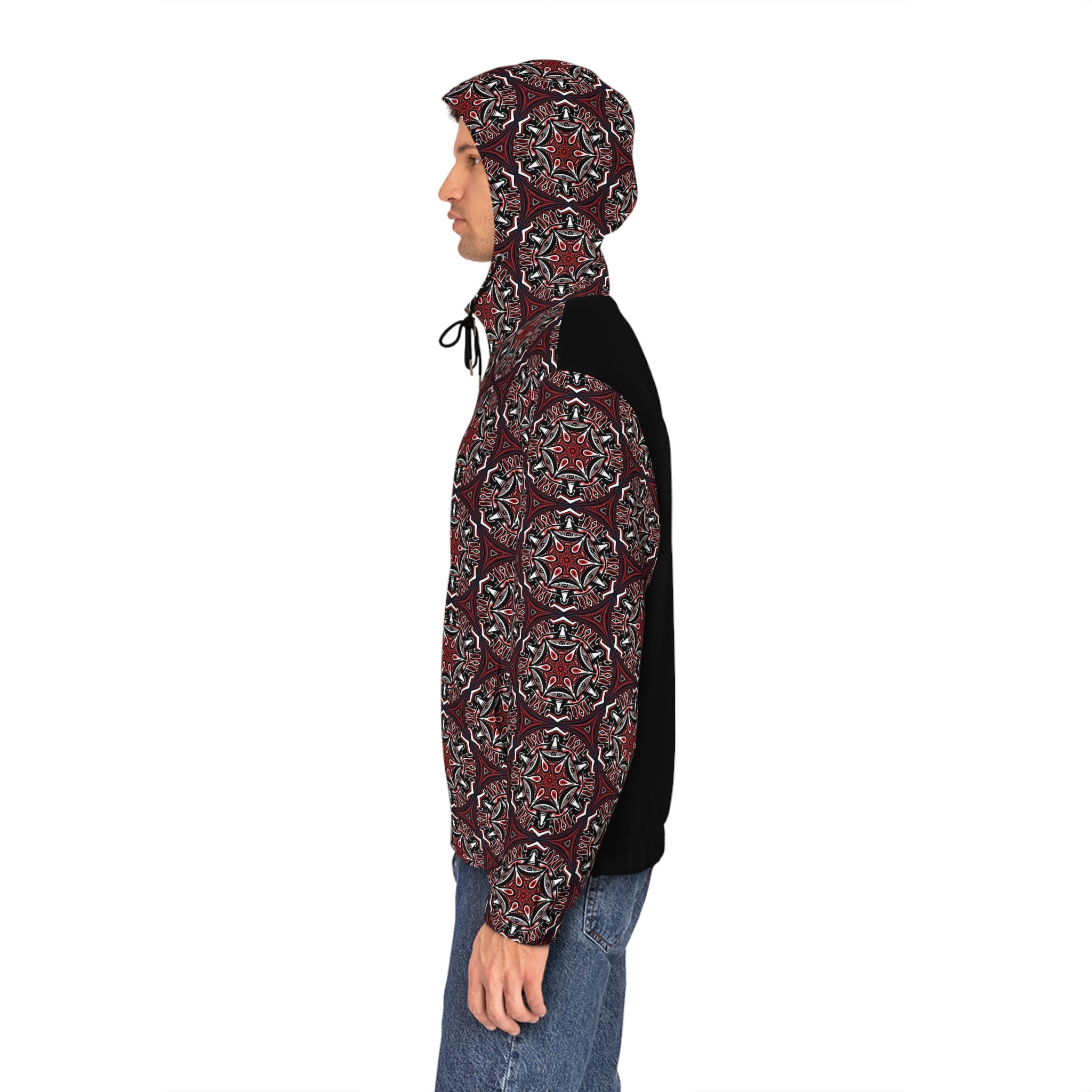 Men's Full-Zip Hoodie — Geometric Red Kaleidoscope Pattern #h764468