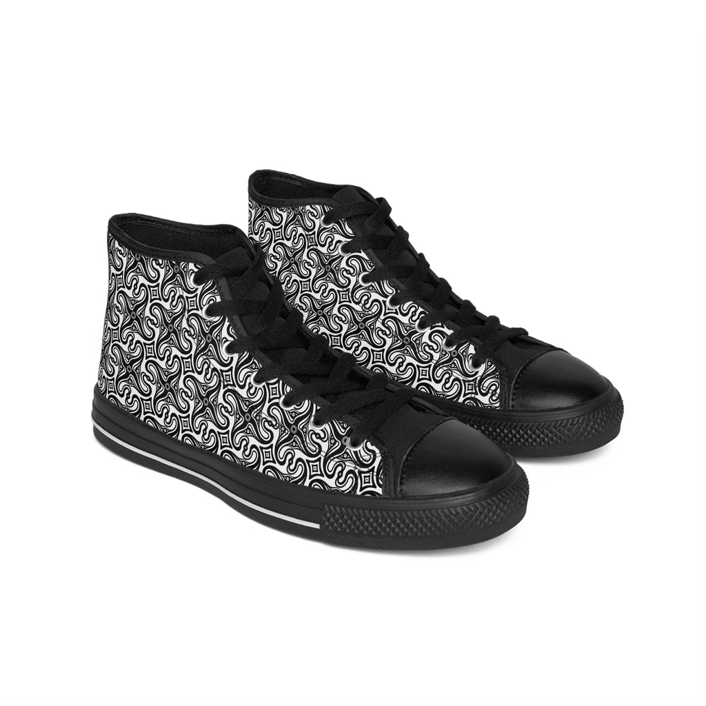High-Top Sneakers — Black & White Geometric Swirl Pattern #g987678