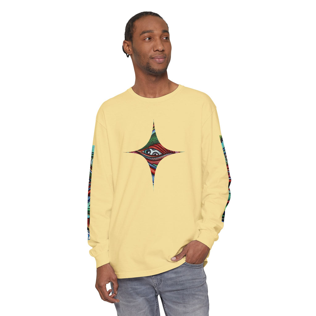 Psychedelic Starburst Long Sleeve Tee — Colorful Eye & Sleeve Stripe Design #k976344