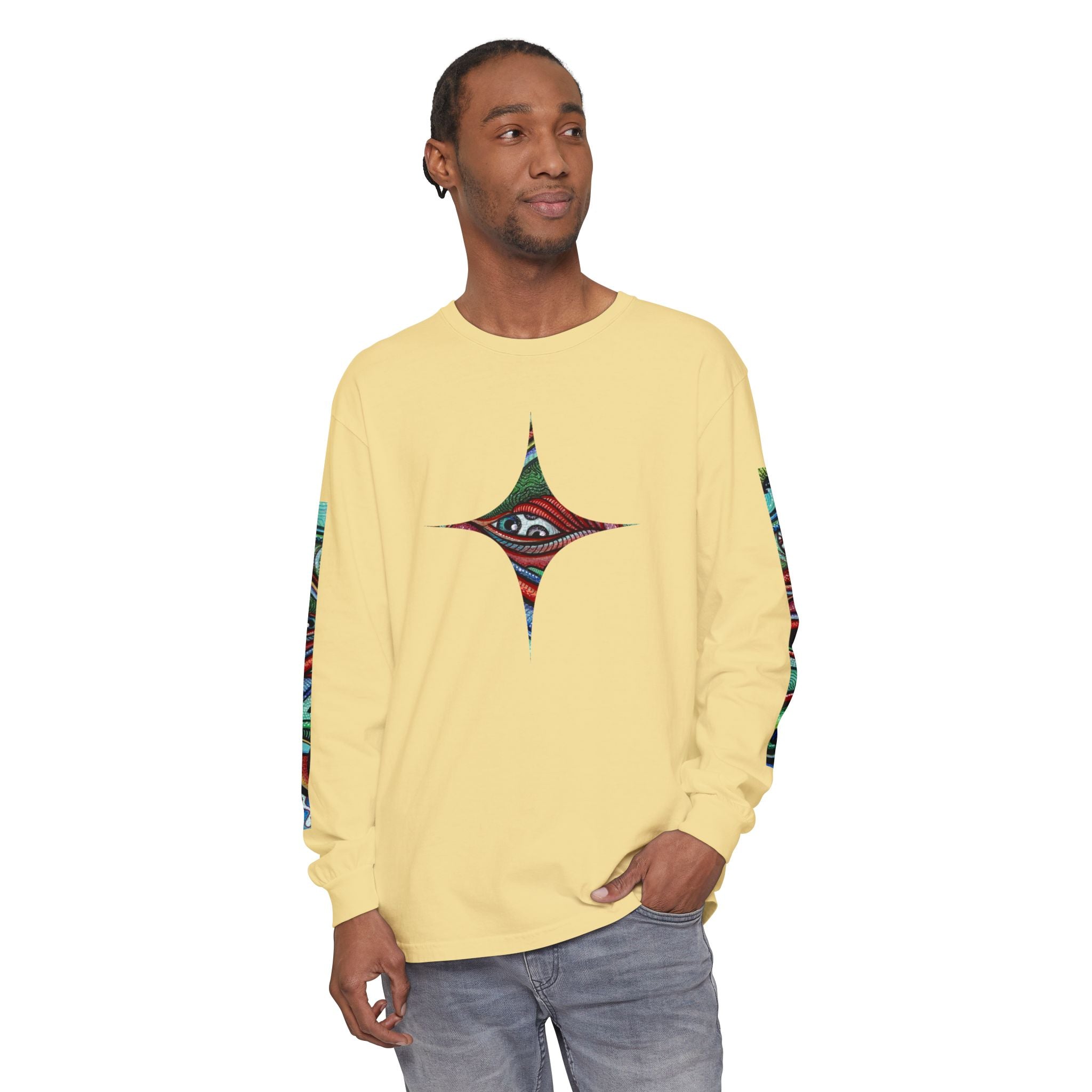 Psychedelic Starburst Long Sleeve Tee — Colorful Eye & Sleeve Stripe Design #k976344