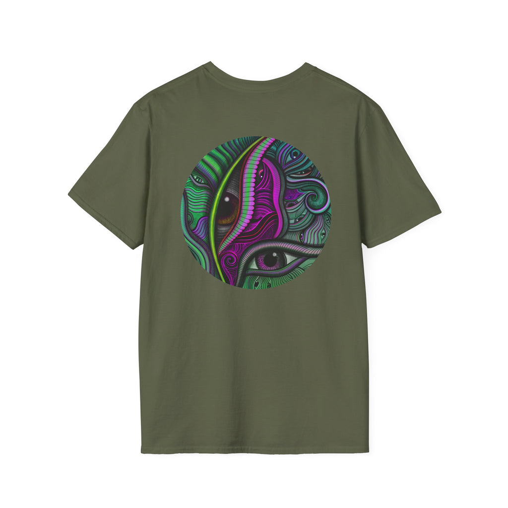 Psychedelic Eye Graphic T-Shirt — Abstract Purple & Green Starburst Circle Design. #ts6