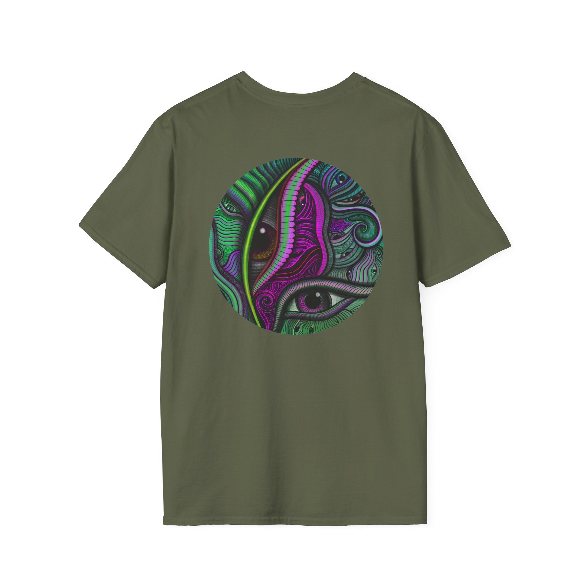 Psychedelic Eye Graphic T-Shirt — Abstract Purple & Green Starburst Circle Design. #ts6