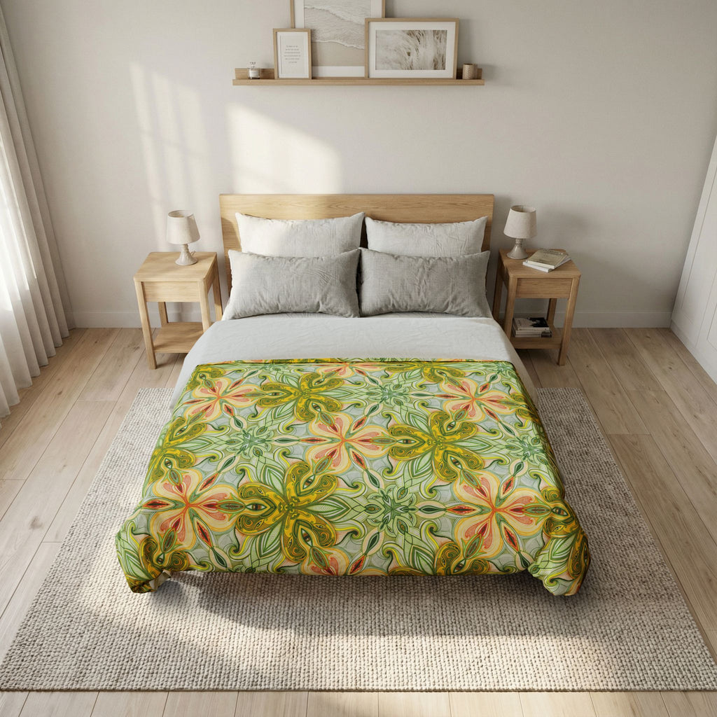 Botanical Kaleidoscope Cotton Duvet Cover — Green Floral Geometric Bedding #gf9866