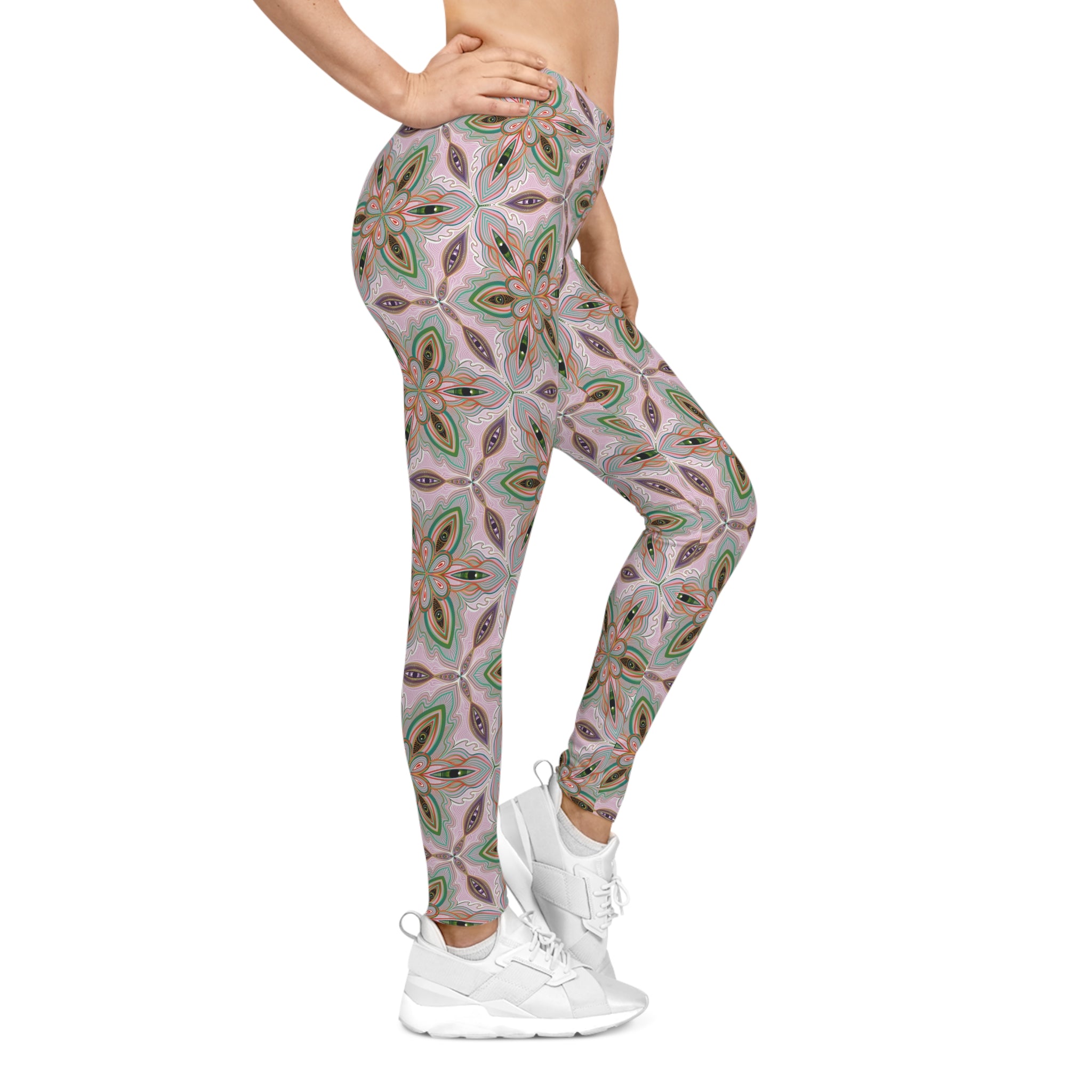 Floral Kaleidoscope Leggings — Pink & Green Patterned Women's Leggings #g006332