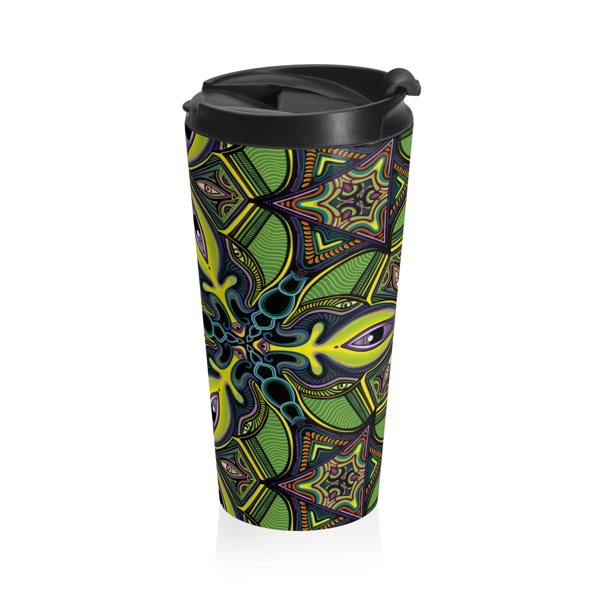 Green Psychedelic Floral Stainless Steel Travel Mug — Insulated Kaleidoscope Design