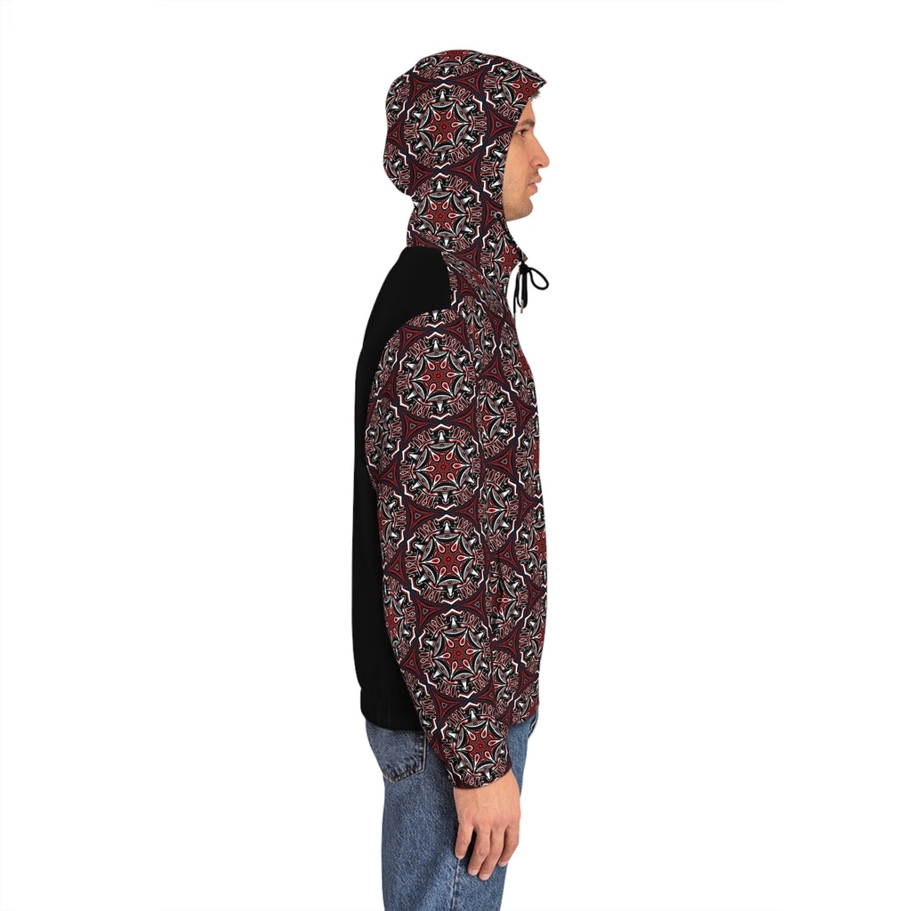 Men's Full-Zip Hoodie — Geometric Red Kaleidoscope Pattern #h764468