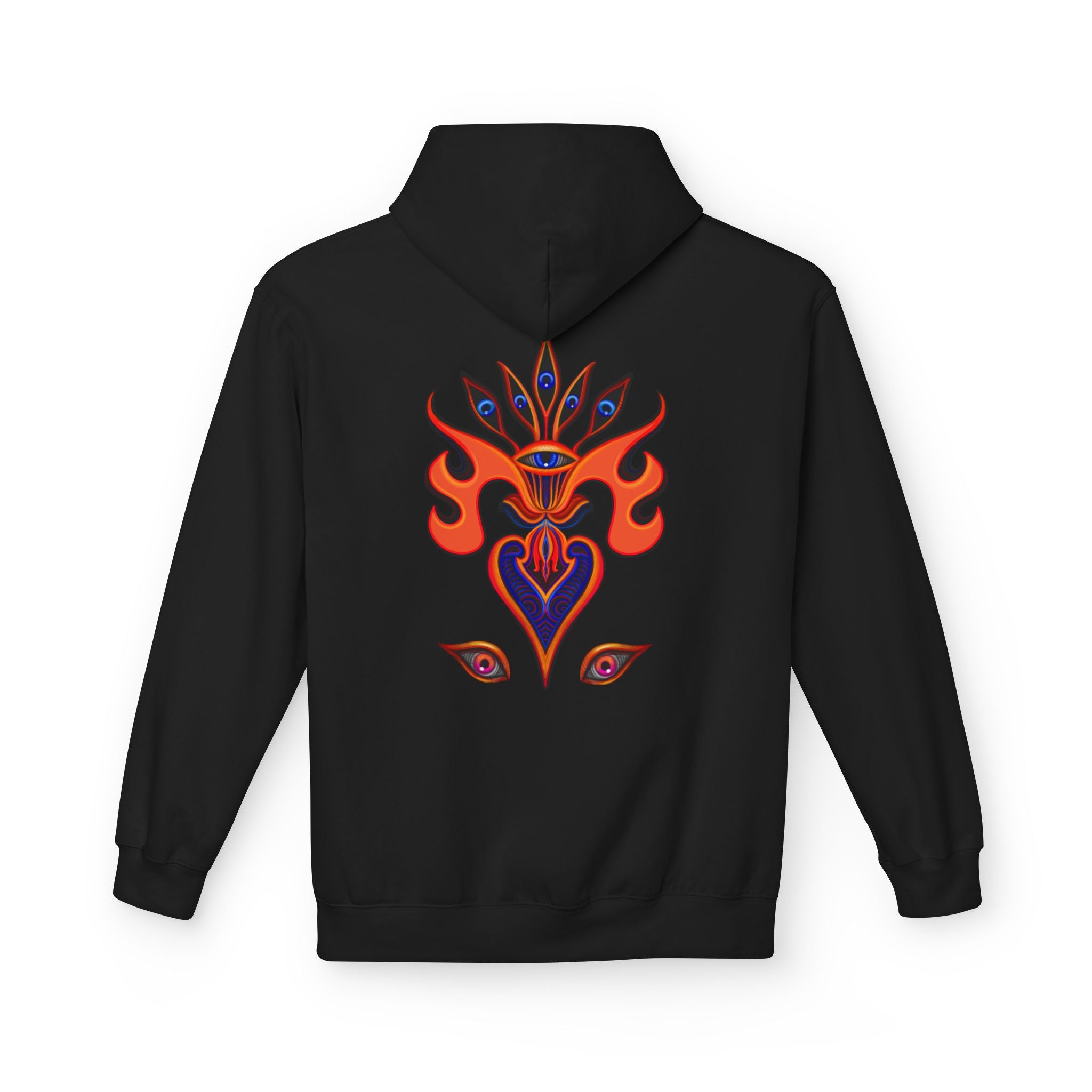 Psychedelic Third-Eye Heart Hoodie | Surreal Eye Motif, Flame Crown