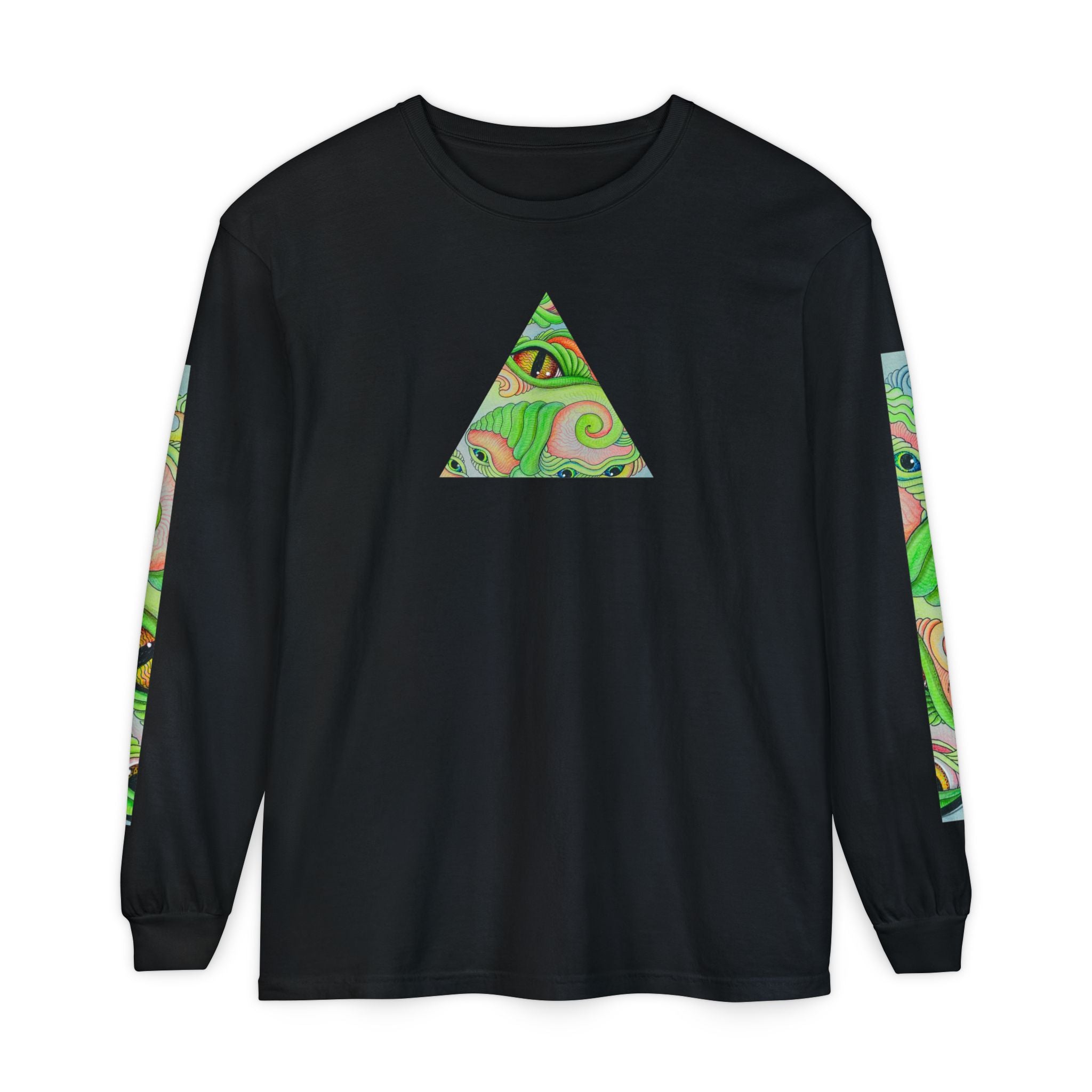 Psychedelic Green Triangle Long Sleeve Tee — Tribal Star Sleeve Artwork #gf086357