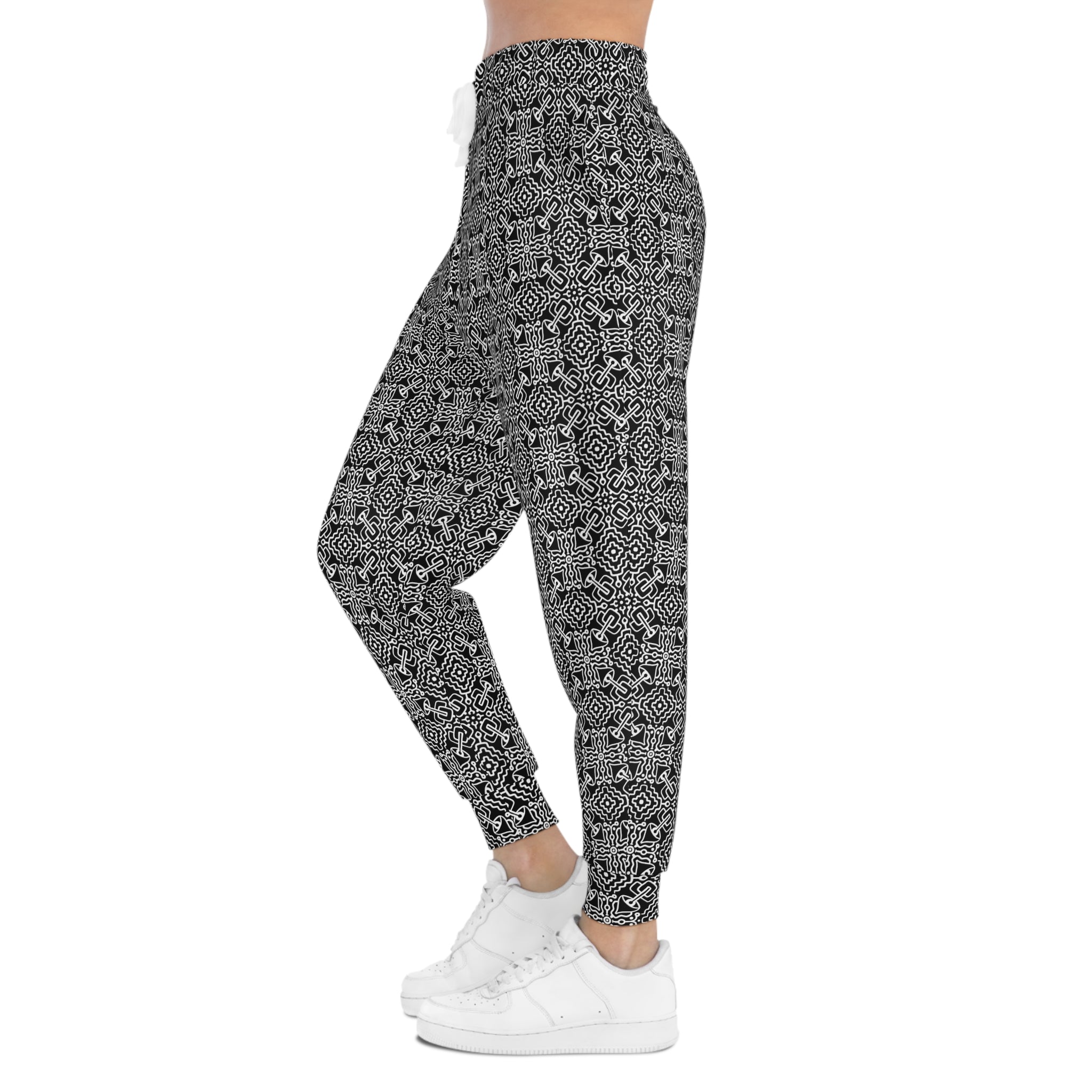 Black & White Geometric Pattern Joggers — All-Over-Print Athletic Pants #h98647