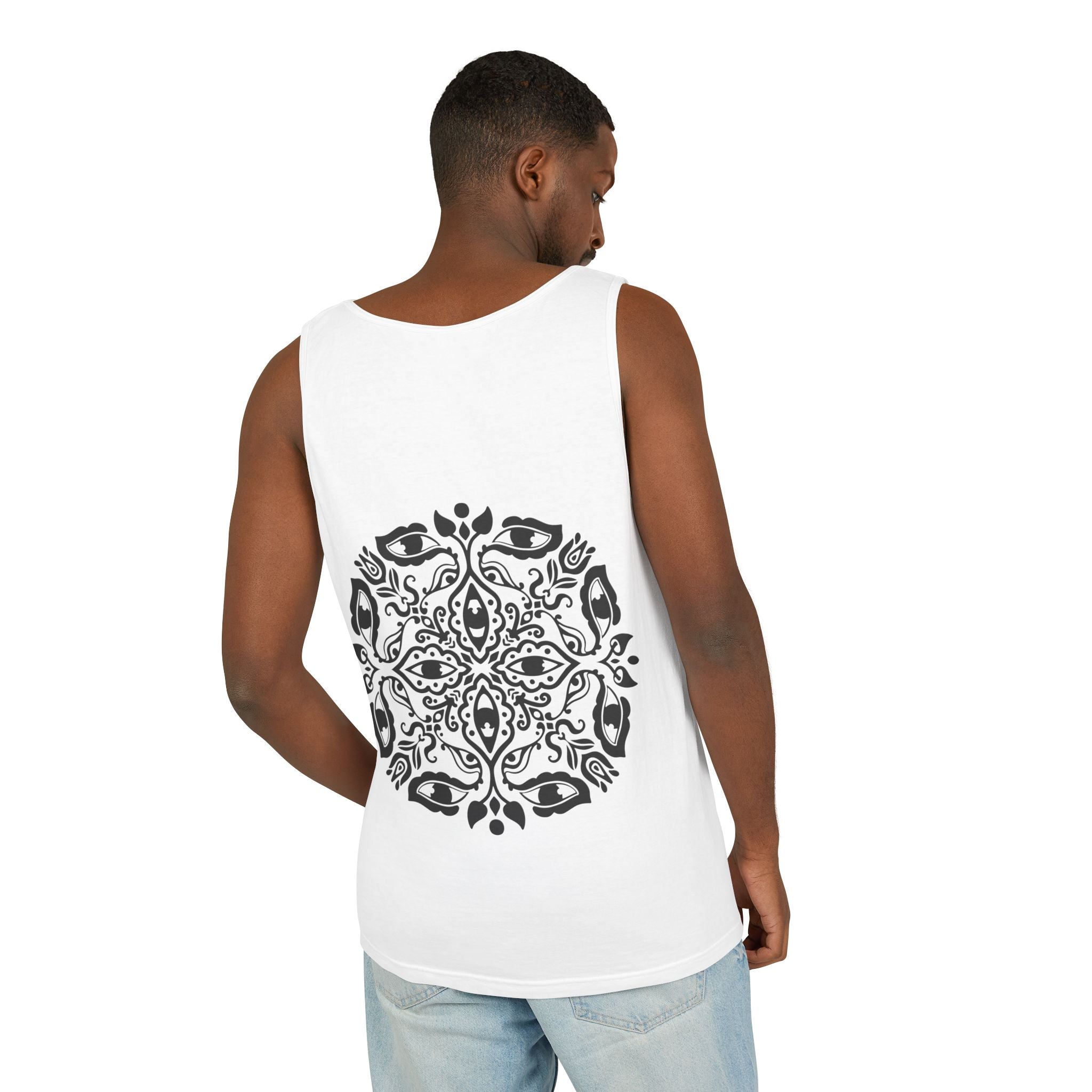 Boho Mandala Tank Top — Black Floral Circular Graphic Tank #fr3