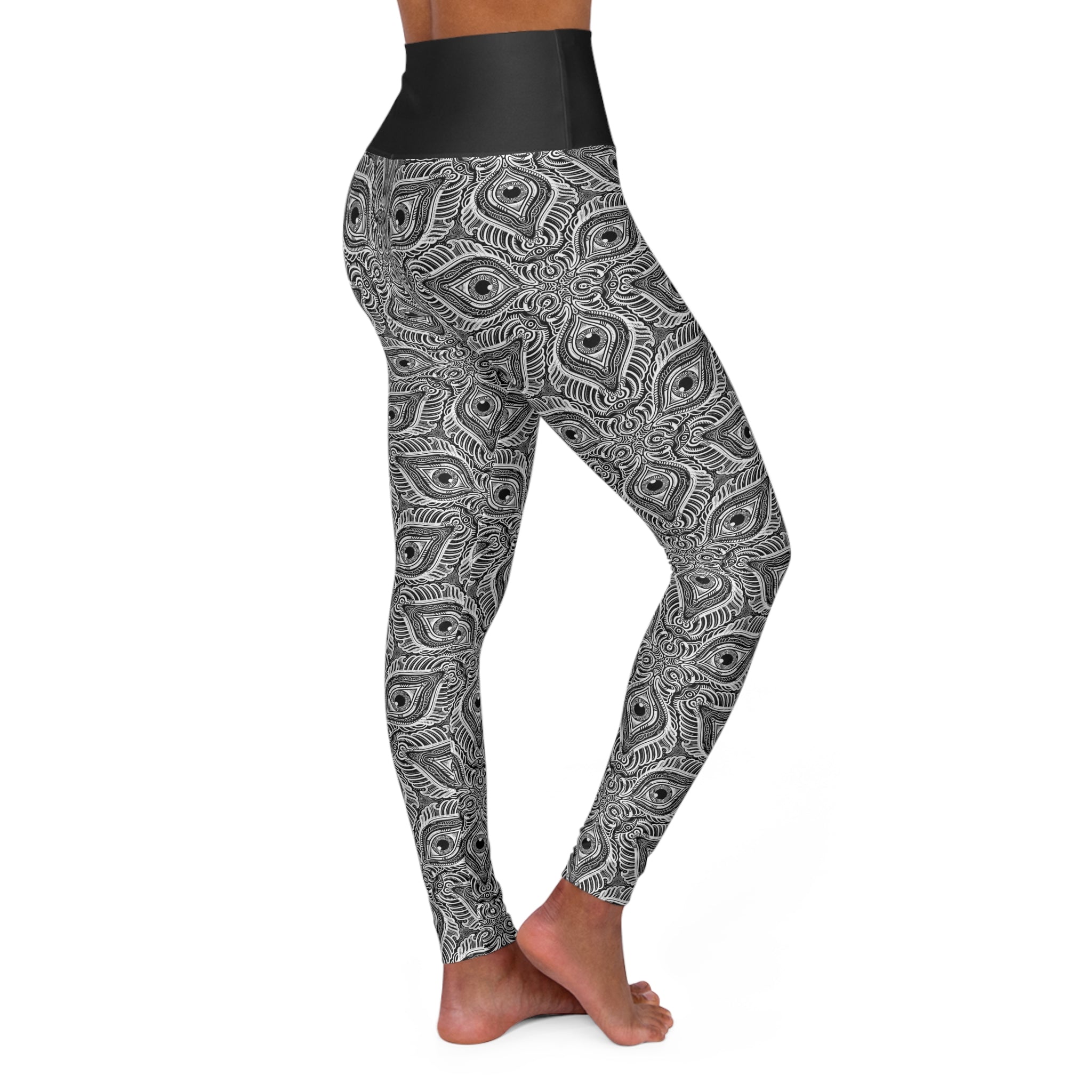 High-Waist Yoga Leggings — Monochrome Geometric Mandala Print #ml32