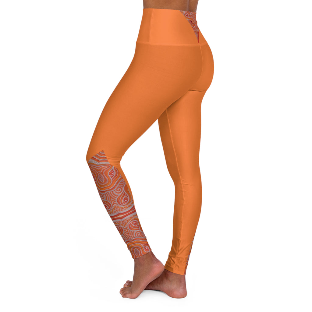 High-Waist Red Yoga Leggings with Orange Swirl Accent — Sculpting Activewear #h97356