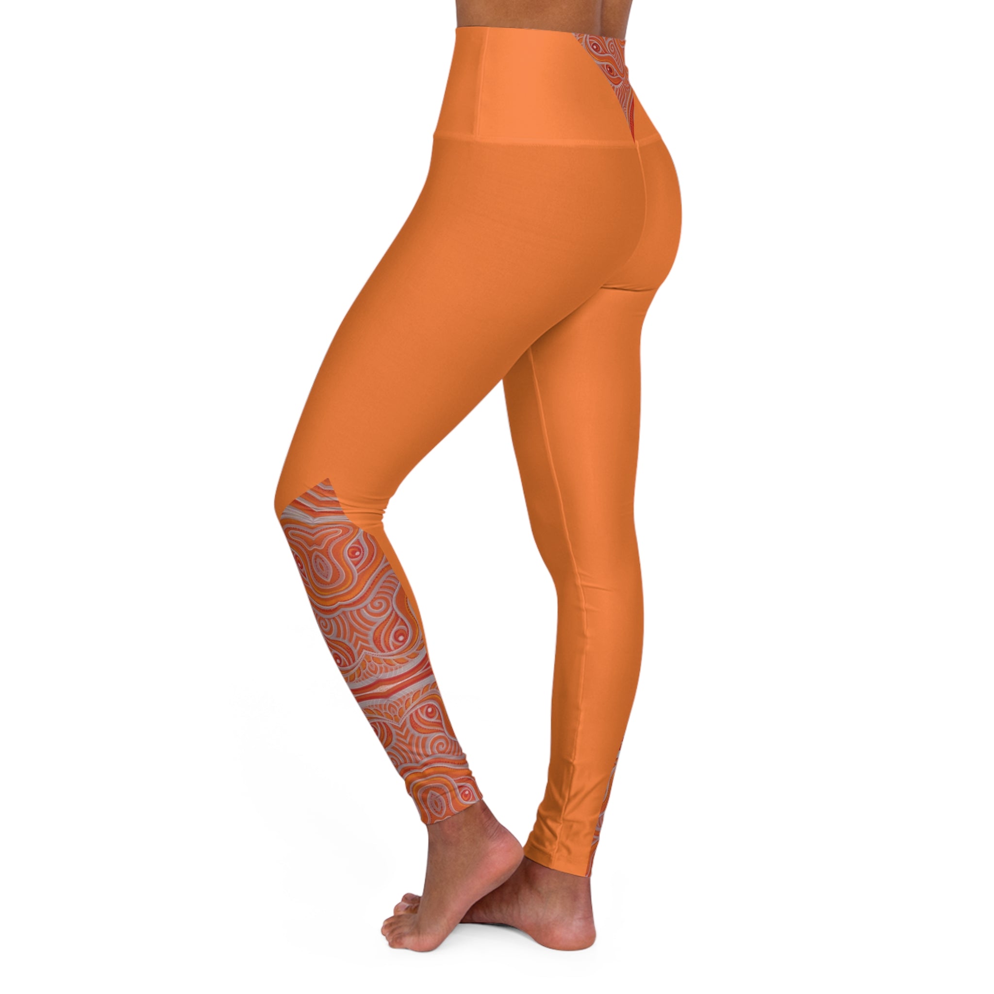 High-Waist Red Yoga Leggings with Orange Swirl Accent — Sculpting Activewear #h97356