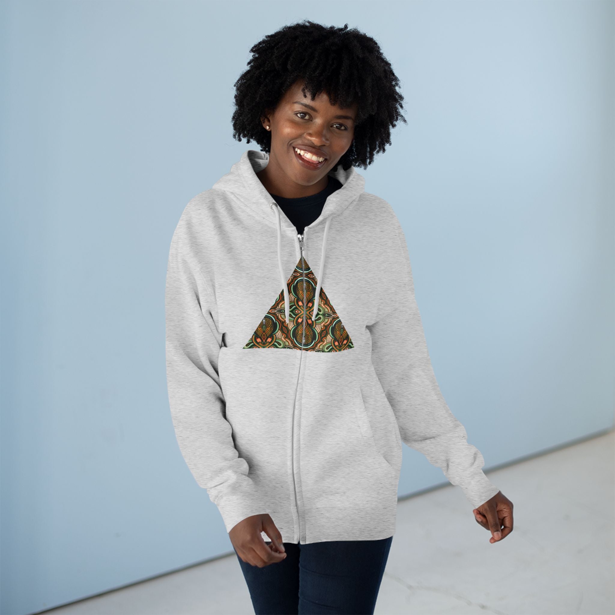Geometric Tribal Pattern Zip Hoodie — Earthy Mandala Triangle & Circle Design #zh137