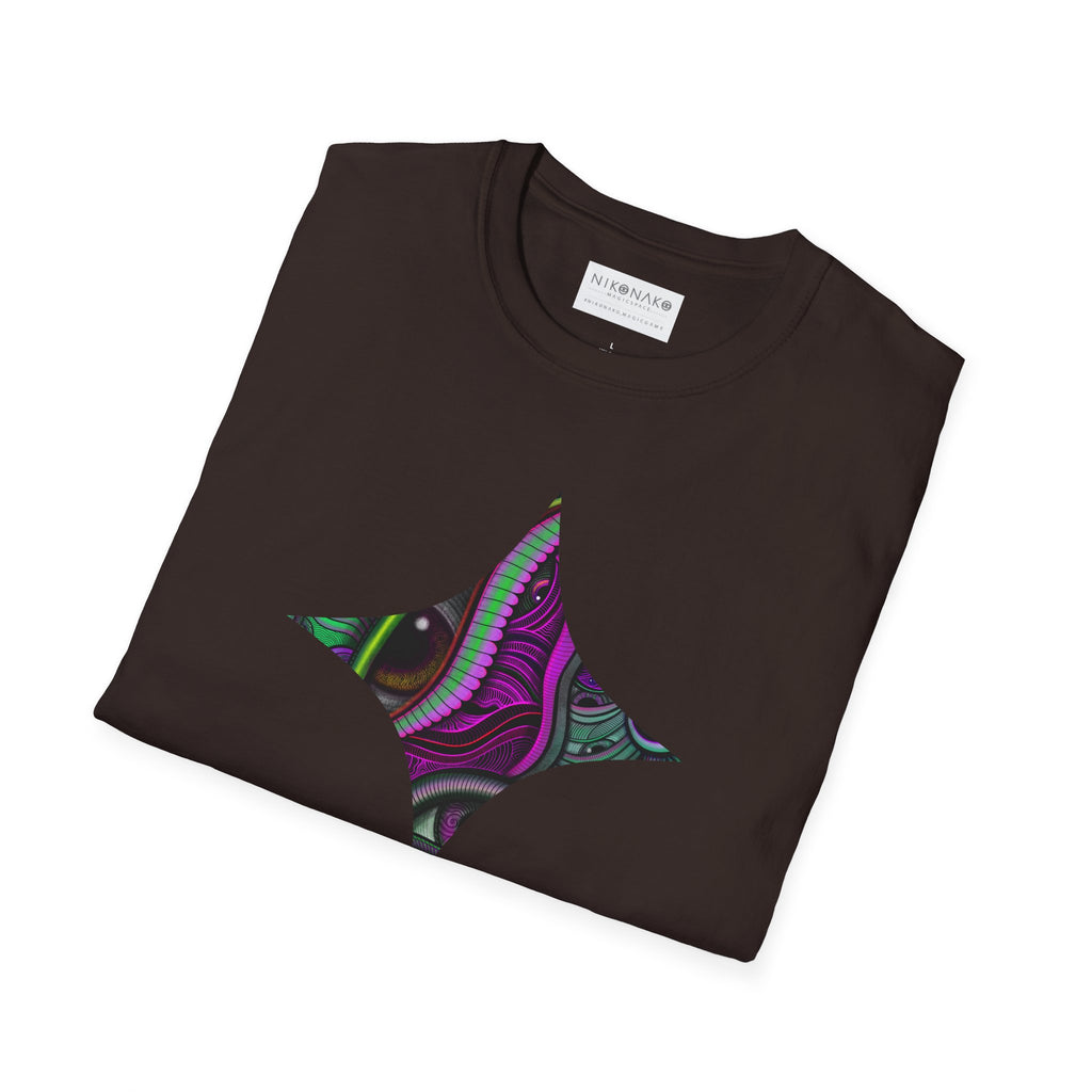Psychedelic Eye Graphic T-Shirt — Abstract Purple & Green Starburst Circle Design. #ts6