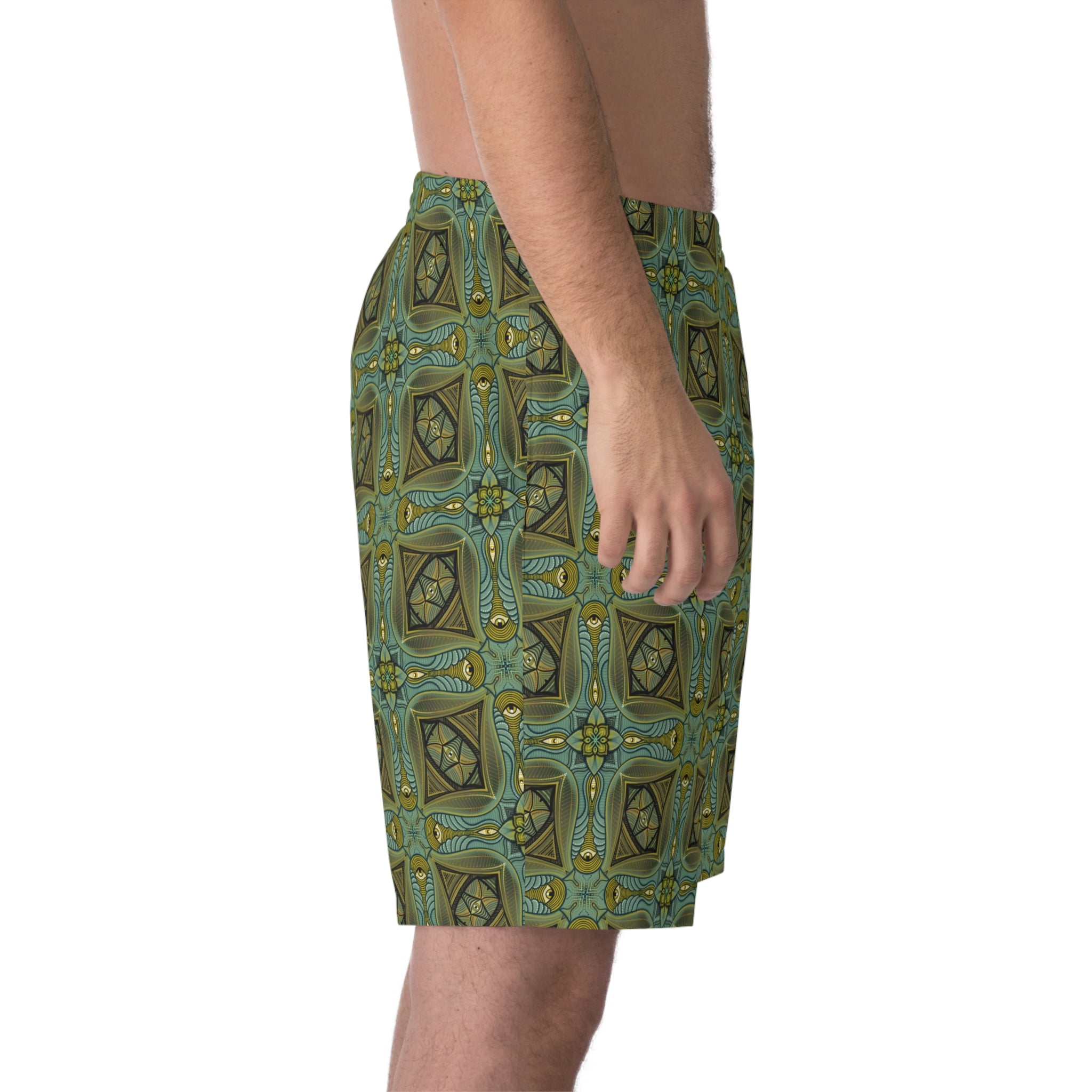 Men's Patterned Beach Shorts — Olive Geometric Kaleidoscope Print #h8764789