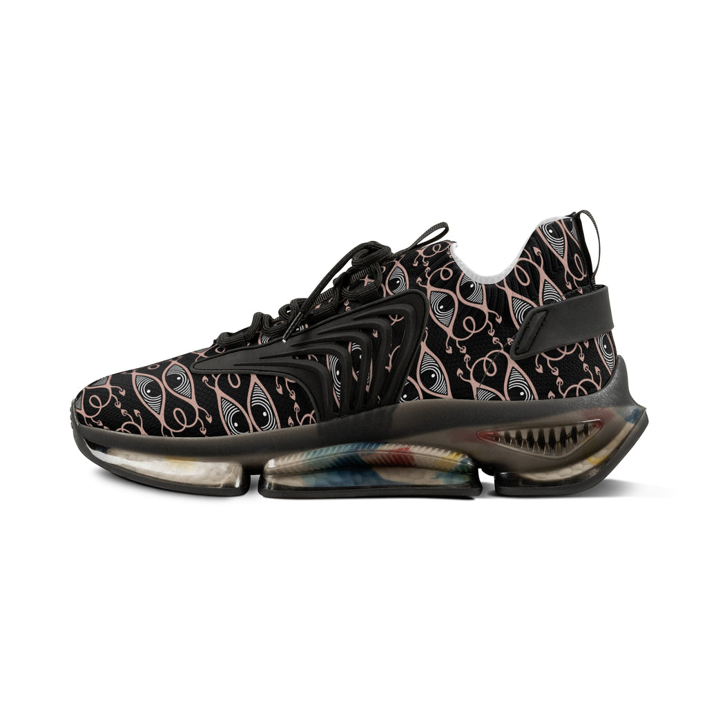 Men's Mesh Sneakers — Black Geometric Eye Pattern Athletic Shoes #h98657