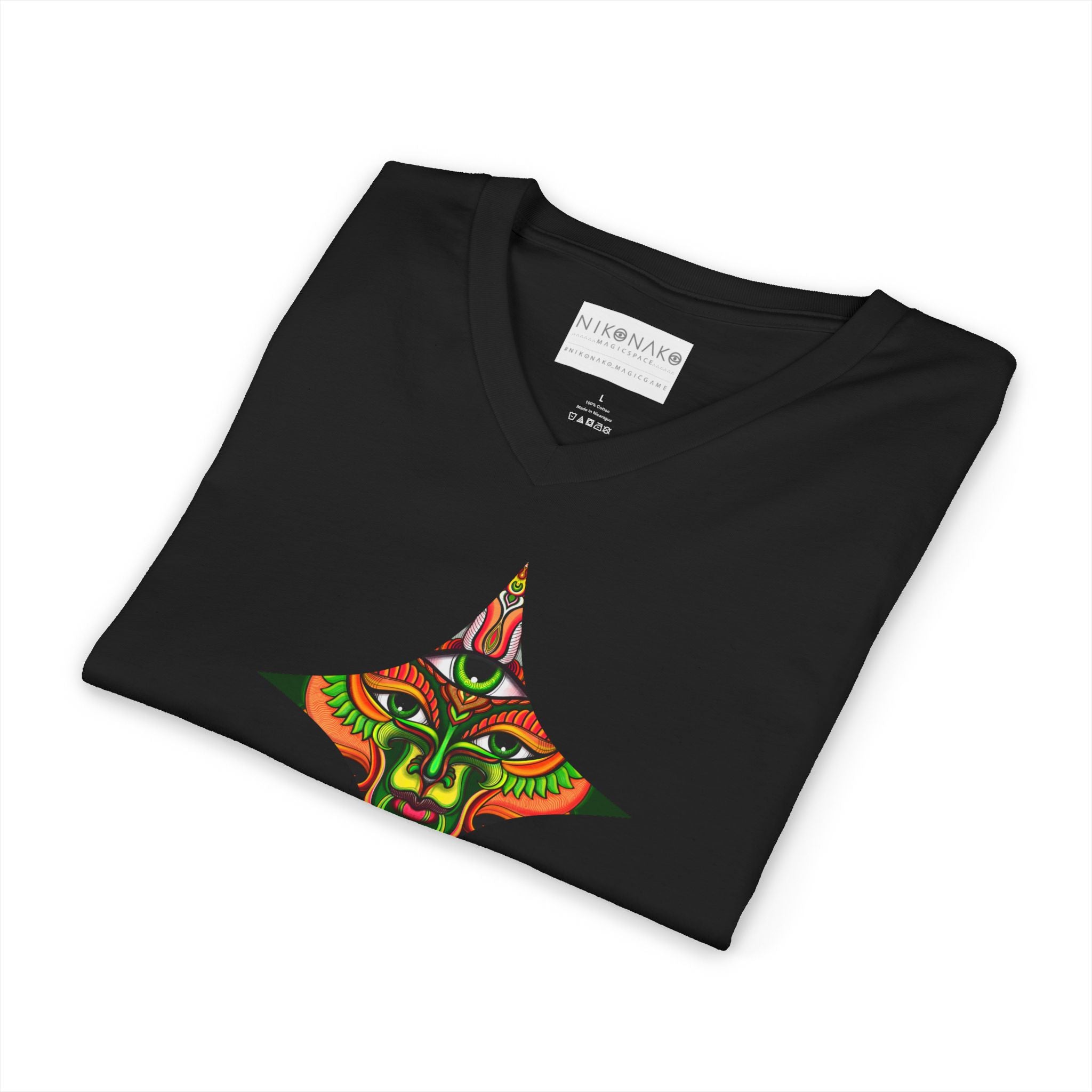 Tribal Mask Diamond Tee — Vibrant Ethnic Face Graphic V‑Neck T‑Shirt #hg 08656