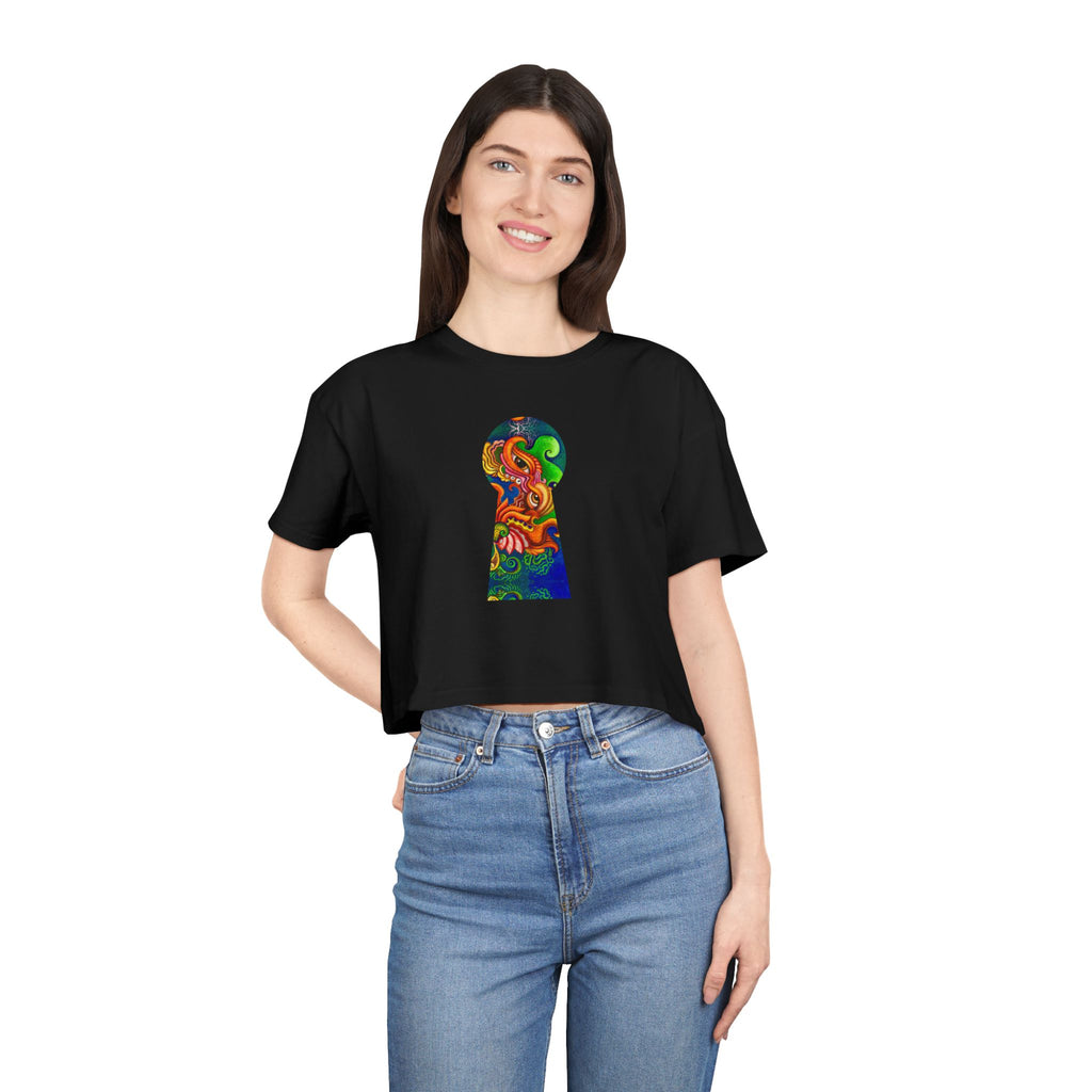Psychedelic Keyhole Crop Tee — Colorful Abstract Floral Graphic Top #ctaf55