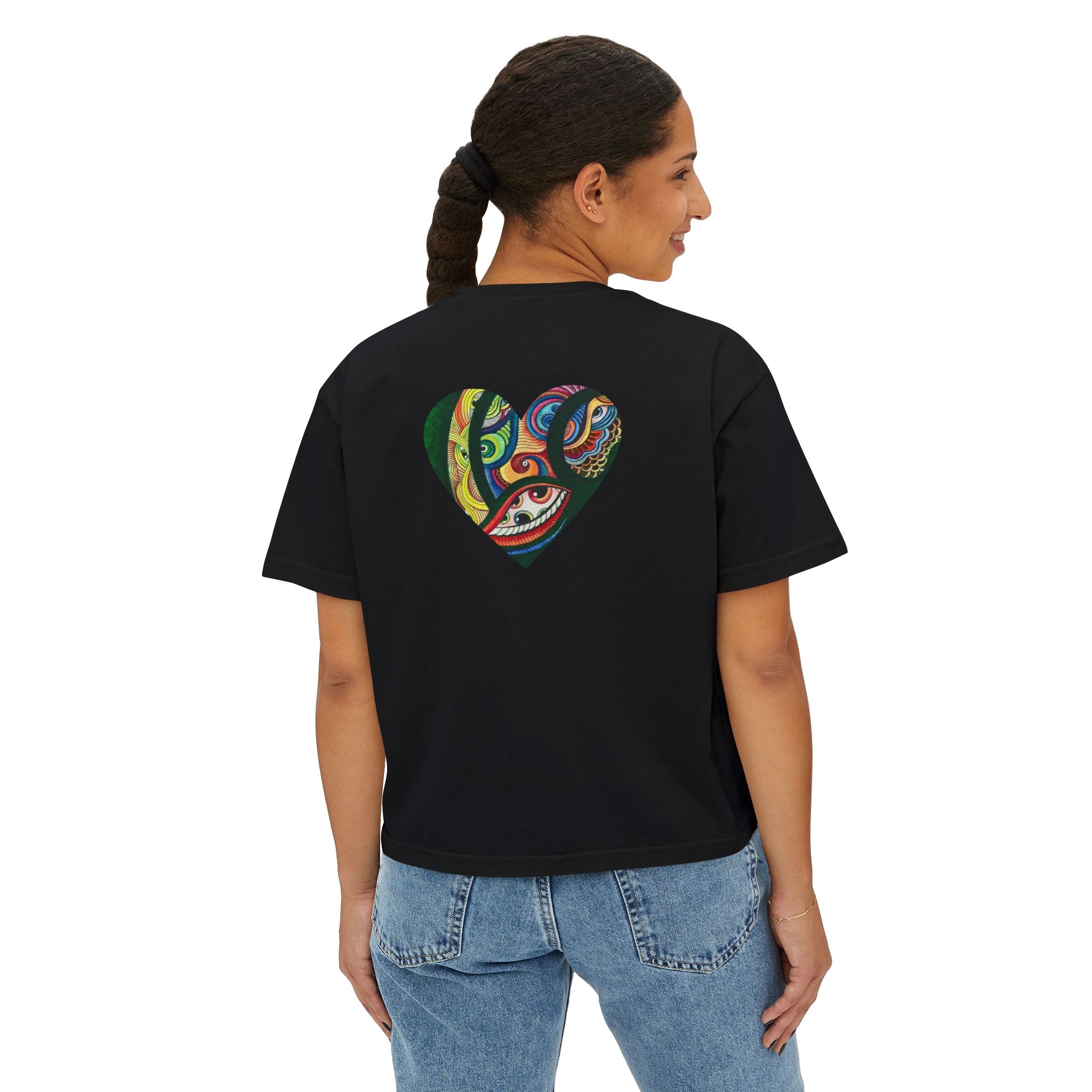 Women's Boxy Tee with Abstract Colorful Triangle (Front) & Heart (Back) Art — Casual Graphic Crop Top #hd9859