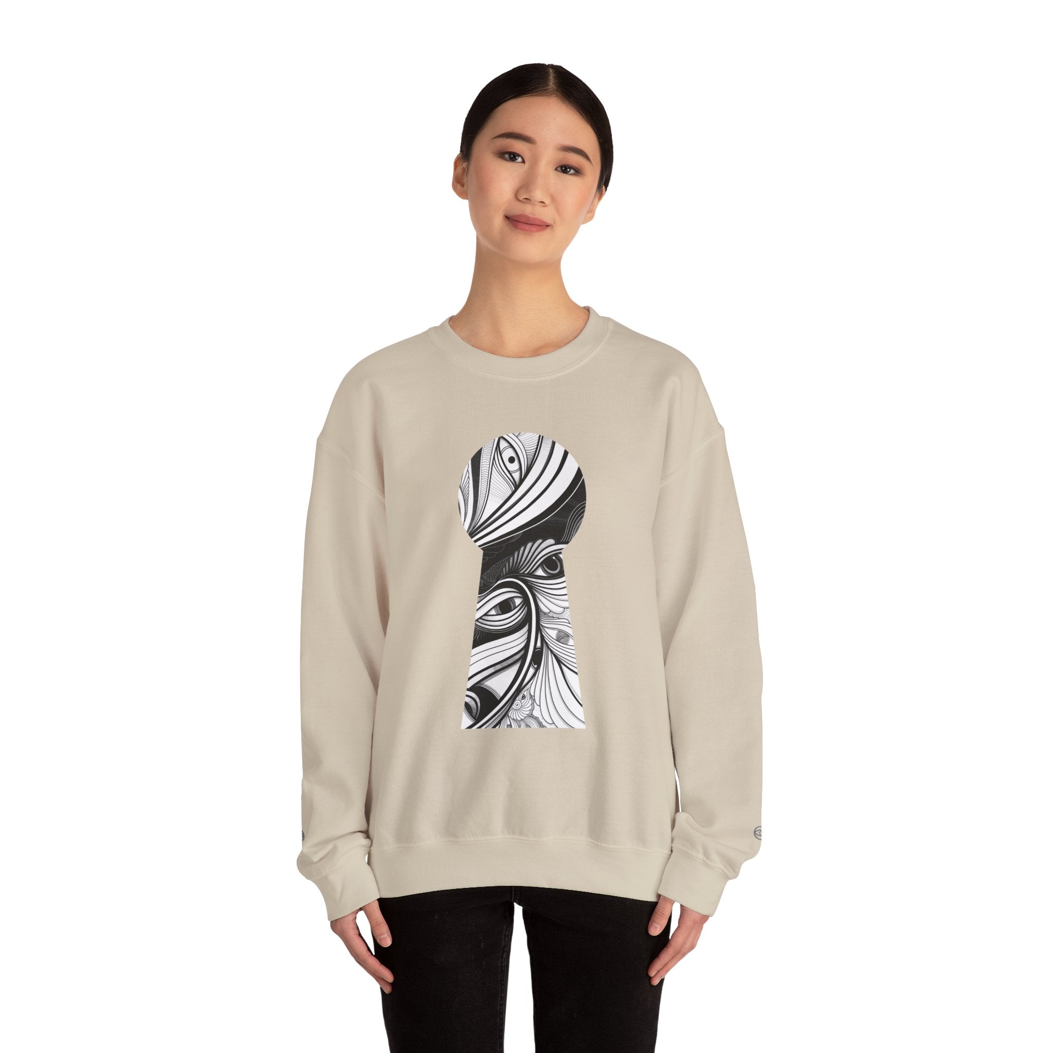 Crewneck Sweatshirt — Black & White Surreal Eye Keyhole Design #h5522168