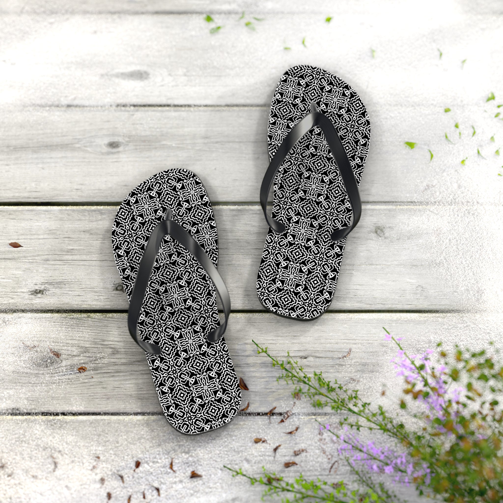 Monochrome Geometric Flip Flops — Black & White Aztec Pattern Beach Sandals #d98646