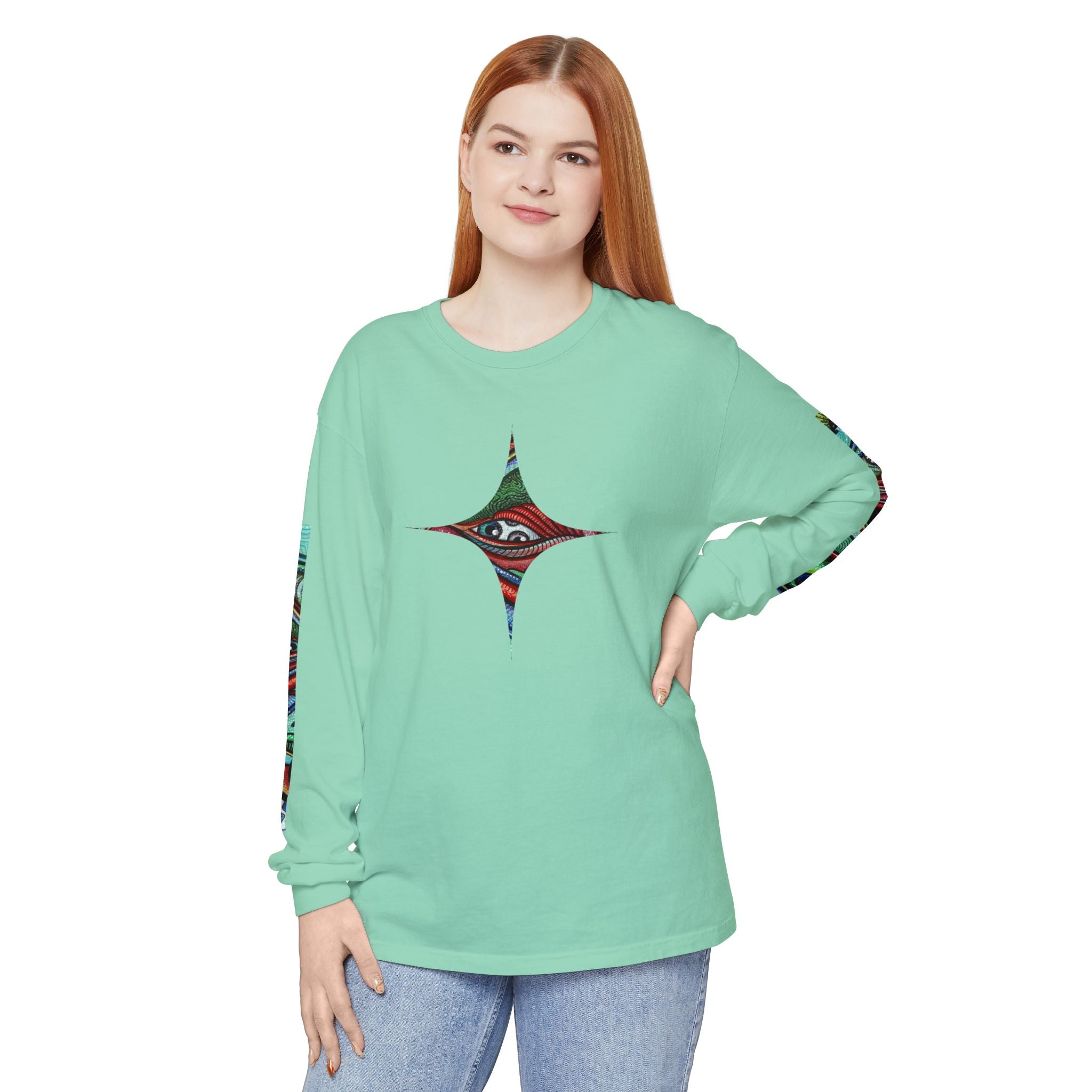 Psychedelic Starburst Long Sleeve Tee — Colorful Eye & Sleeve Stripe Design #k976344