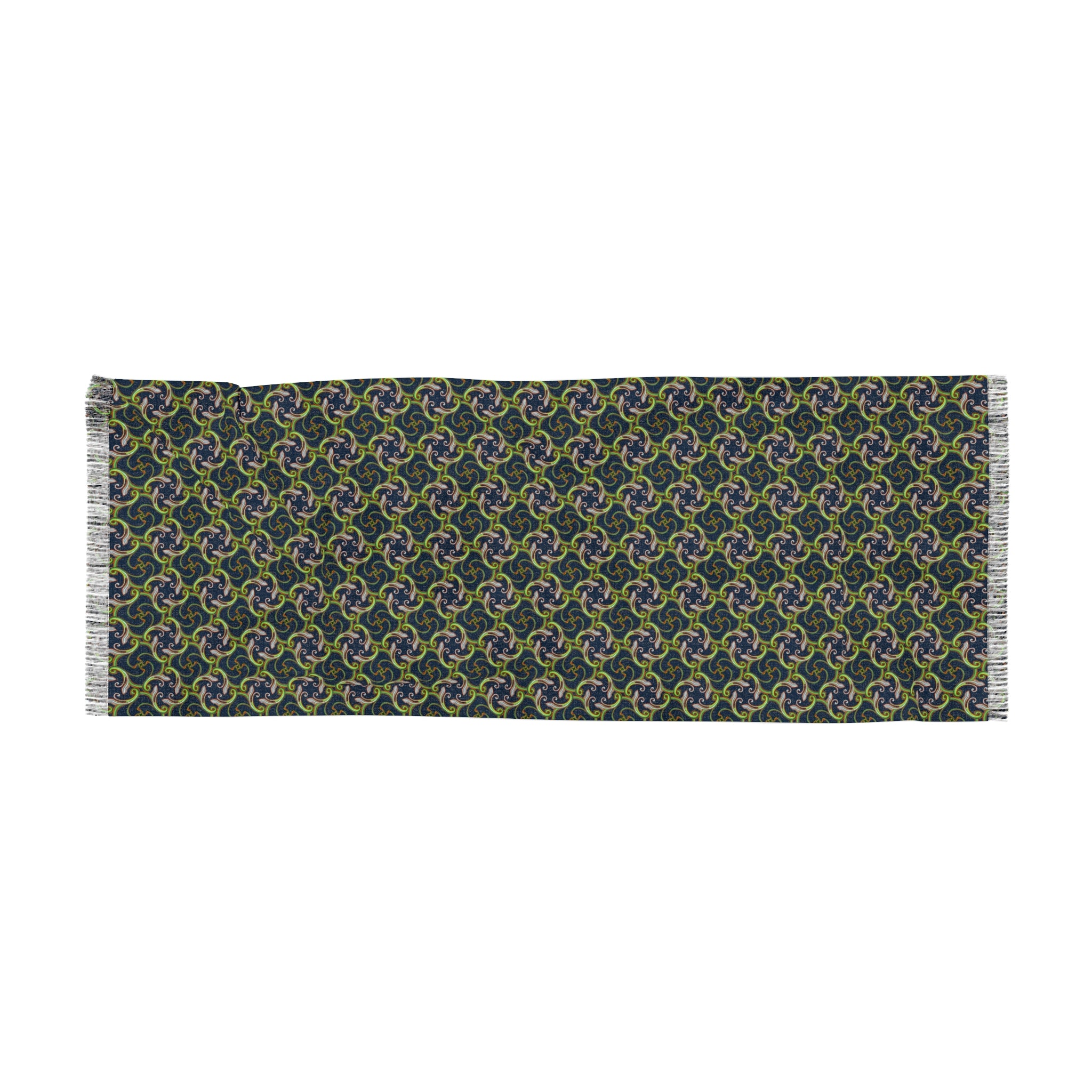 Lightweight Geometric Pattern Scarf – Green & Navy Woven Fringe Wrap #ls1