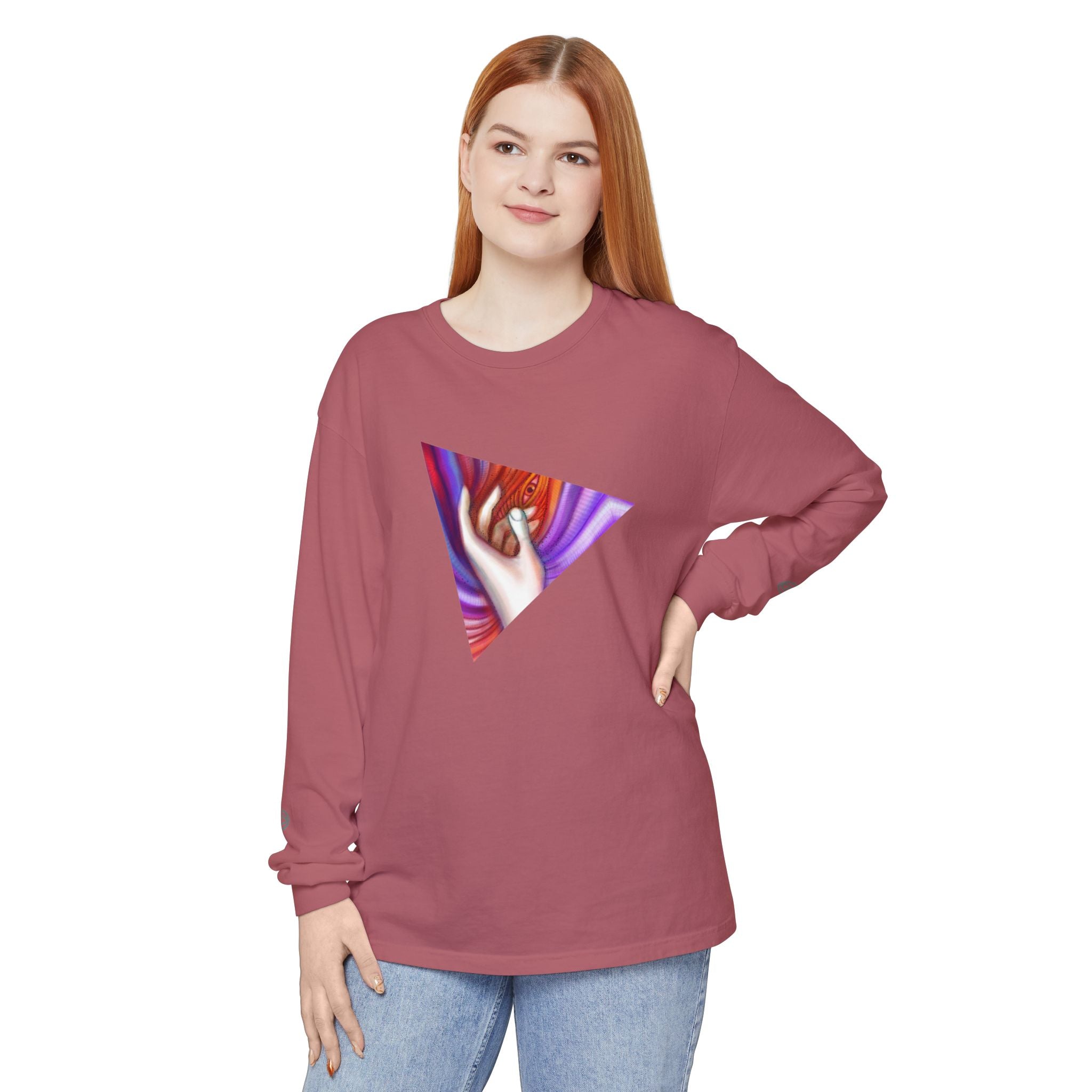 Long Sleeve T-Shirt — Triangular Hand Art Graphic (White) #sh26774